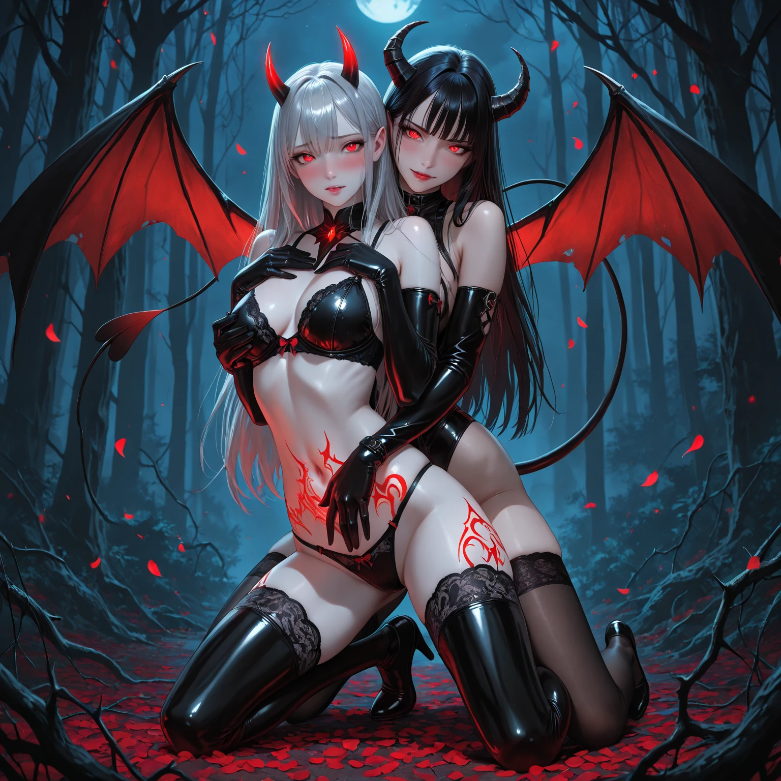 Draw two demons in an extreme anal sex scene in the forest. Female demon with long black hair and small breasts. Demons in foursome anal sex scene with anal penetration.