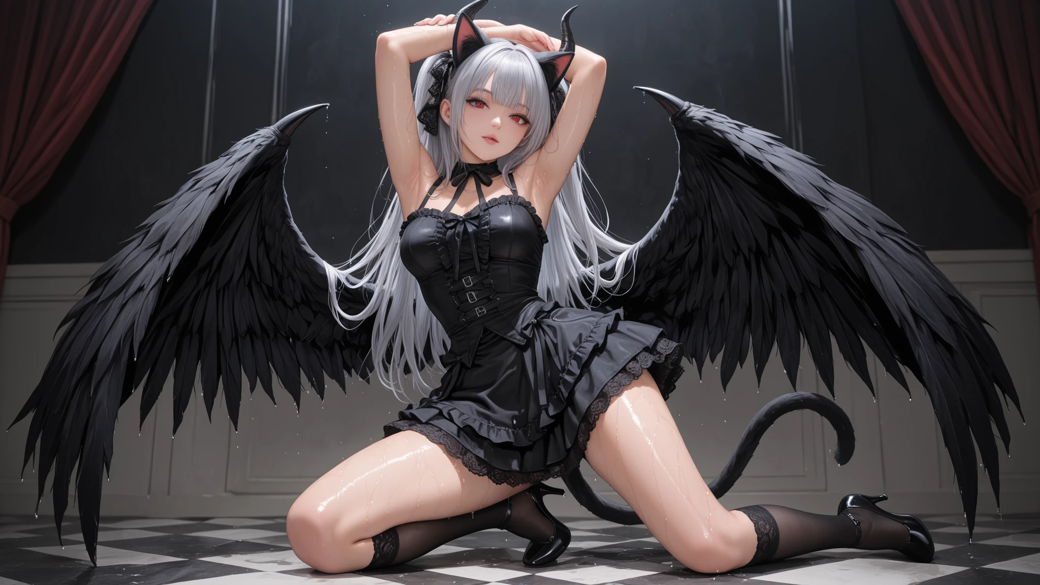 super deformed chibi cartoon small big eyes skinny black woman with huge . Wearing nylon bodysuit seethru black