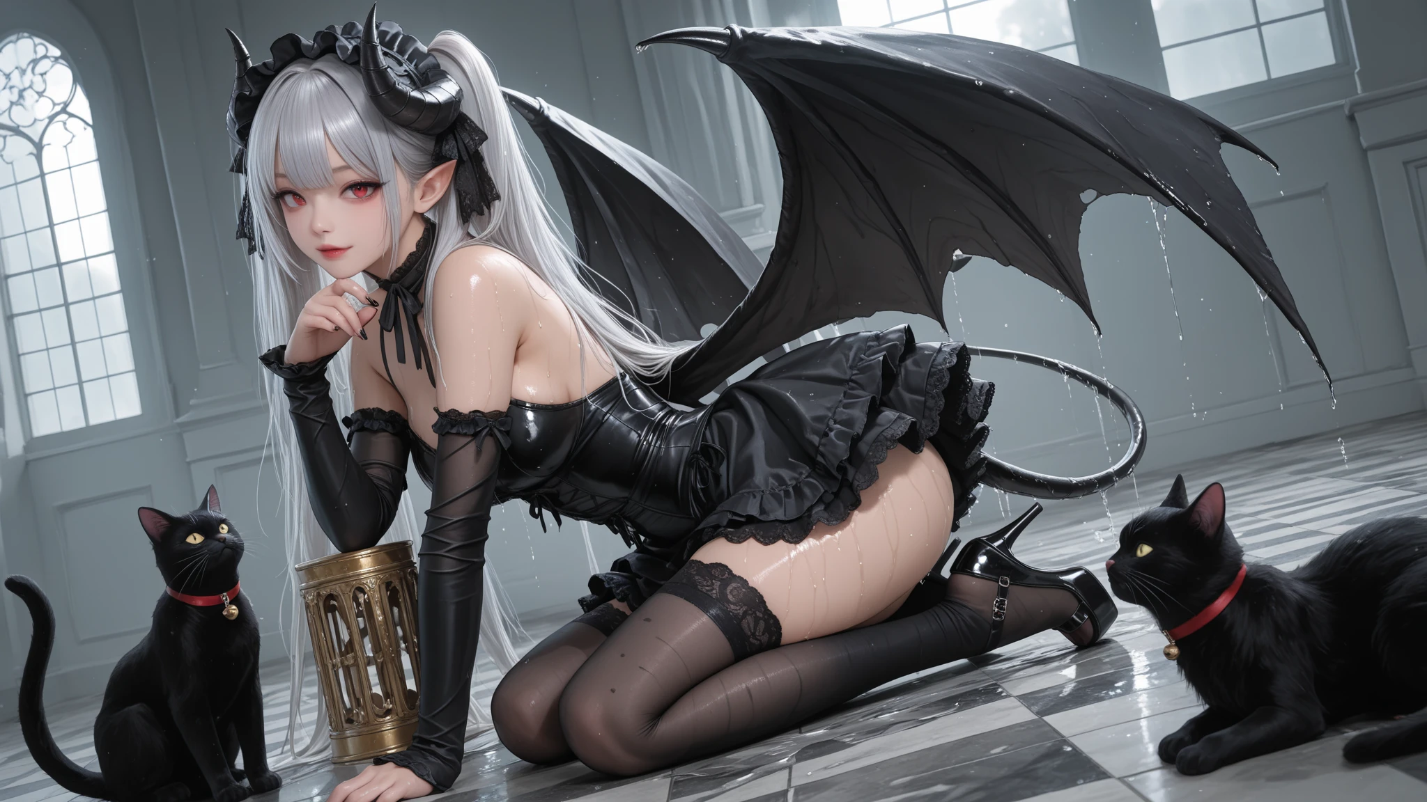 best quality, masterpiece,ultra detailed, official art,(extremely detailed CG unity 8k 
wallpaper), (masterpiece), best quality, illustration, (powerful), art oflight, artist style, beautiful detailed star sky,(((bat print black kneehighs ))), (cygames:1.4), (dark flame:1.3), Japanese light novel cover, grand scene, dark bodysuit,((fullbody)),((succubus tail)),
 (beautiful detailedgirl), (((solo))),(((full body))),wet skin, (((demon queen))), 
metal, complex pattern, beautiful detailed hair,red luminous eyes, longeyelashes, 
((constricted pupils)),pointy ears, slit pupils,silver long hair,beautiful collarbone , (purple tattoo), (tattoo on leg), tattoo on arm, luminous gem on chest,(demon heart tail),demon fang, pointy ears, 
((purple long  fingernails)),(bat decorate soft armor), ((bat decorate high heels)),giant bat wings,(fingerless_gloves), bat print black garter belt, (elbow_gloves),fang out, a group of 
bats, ((endured_face, open mouth, seductive smile, )),lingerie, 
bat decorateanklet,bat decorate body,(presenting foot), (luminous tattoo),(queen),useing magical, (beautiful detalied hands), nfsw, (((pink steam from full body ))), ((2legs)) , ((neck biting)),