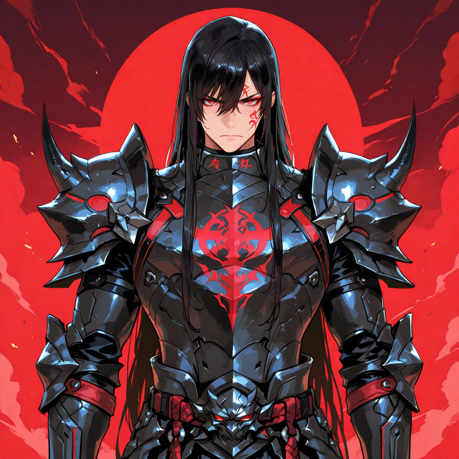 A boy in black armor, Eyes red, blackquality hair, whole body, shorth hair