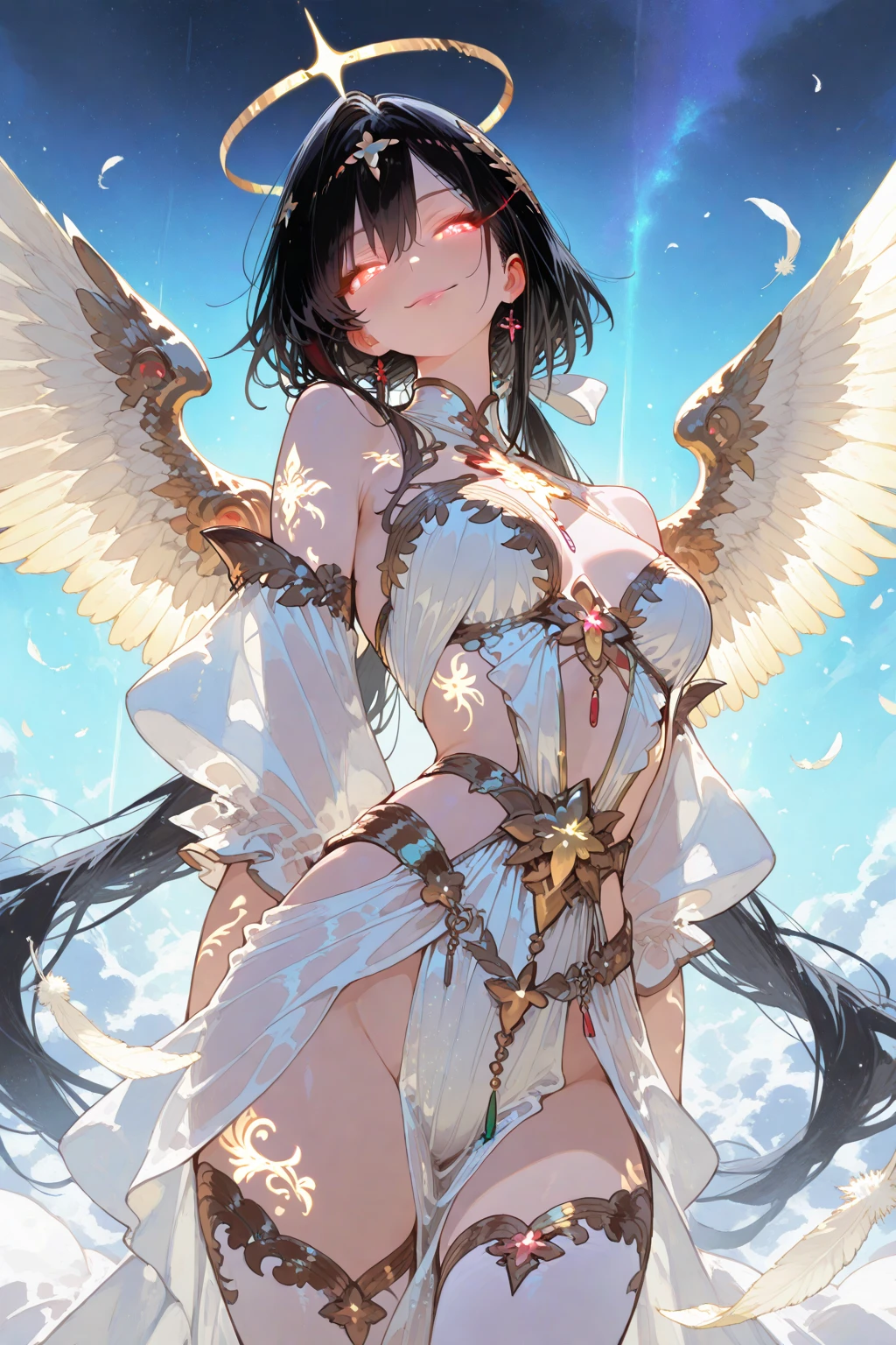 ((best quality)), ((masterpiece)), (detailed), tifa lockheart, ethereal beauty, perched on a cloud, (fantasy illustration:1.3), enchanting gaze, captivating pose, delicate wings, otherworldly charm, mystical sky, (Luis Royo:1.2), (Yoshitaka Amano:1.1), moonlit night, soft colors, (detailed cloudscape:1.3), (high-resolution:1.2)