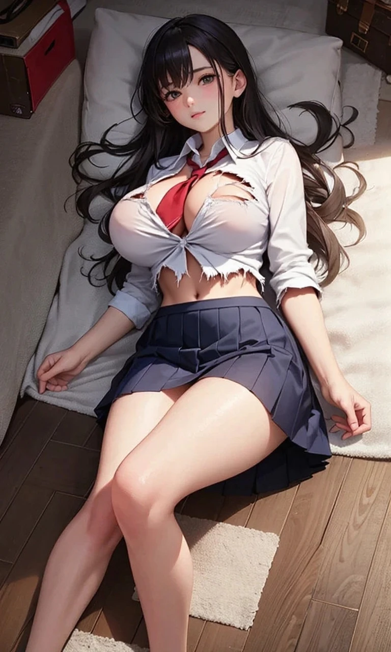 masterpiece, best quality,Extreme Detail, Super detailed,
beautiful eyes, beautiful hair, Beautiful side, beautiful skin,dutch angle, black hair, red eyes, Long Hair V Big Breasts, school uniform, open clothes, Spread your legs towards the viewer, , lie, pov bed, blush, gentle