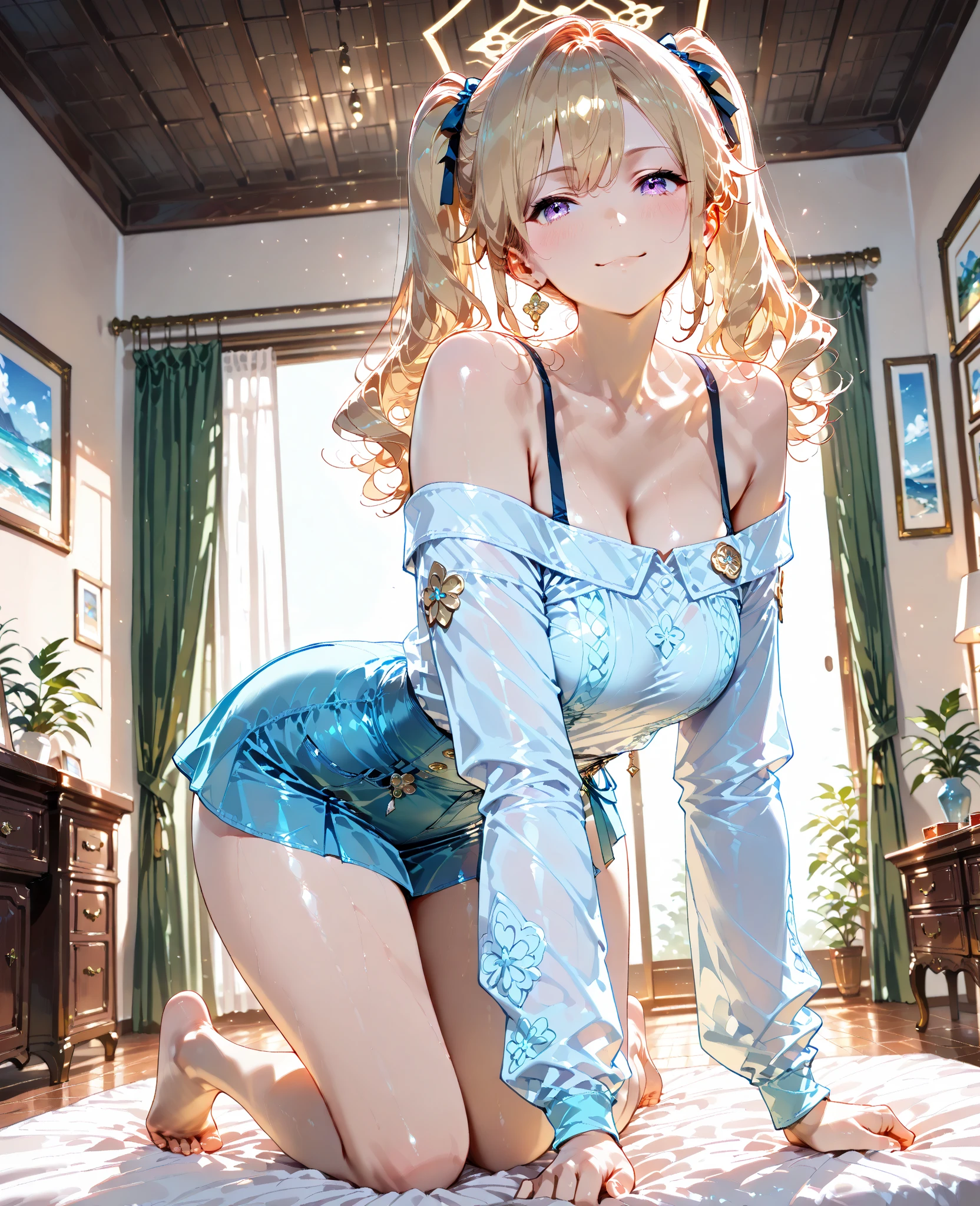 Highest Resolution,Highest quality,Woman in Chinese leotard,smile,Bun Hair,Bedroom,bed,High leg,Blonde,
