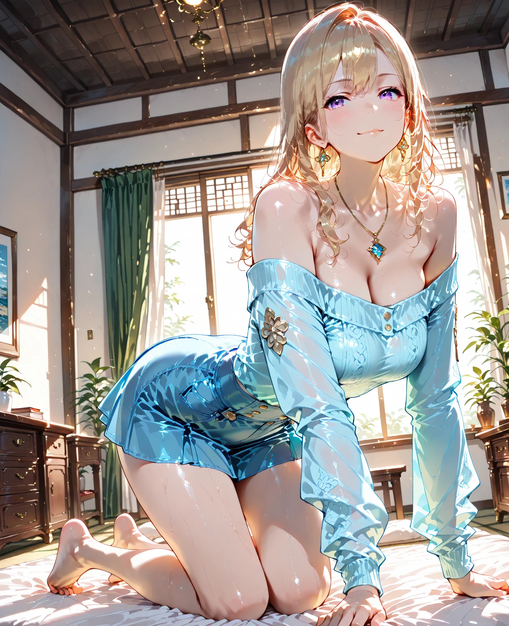 (masuter piece, high-quality, Mystical, Beautifully Aesthetic, ideal ratio of body proportions, offcial image art, Impresionism), (ultra high resolution, 8K RAW photo, photo realistics, natural lighting, textile shading), (1 matured woman:1.3, solo:1.5, milf:1.1), (Fractal pattern Art:1.2), shinny skin, tile patterns, ((alice in the wonderland:1.2, a girl floating in air:1.35, smiling with half-closing eyes)), ((flying PlayingCards, Trump, floating tea cup, floating tea pot, pocket watch:1.3, big mirror, lip sticks, candys, jam bottles)), cute animetic white rabbit, ((dark-Blue dress :1.5, a miniskirt, White Apron, white sock)), (platinum-blonde, tied hair with a ribbon), (Blue eyes, bright pupils with highlights, detailed eyes), (lying on your back:1.2, leaning backward:1.2, with rising up legs:1.3), ((dutch angle:1.5, full body:1.3, from below:1.2)), Exotic wallpapers, colorful image, simply background, fantastic, fantasy:1.5, ((correct anatomy:1.5, correct hand)),