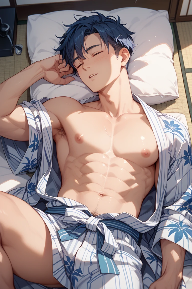 (masterpiece, best quality), 1boy,Lewdness,younge boy,???'s face,Juvenile faces,sideface,Lying naked in bed,Covered in sweat,adolable,infancy,Young age,Short round face,Flat chin,Fine face in detail,Colored briefs,musculous, Short bright orange hair, Sky blue eyes,opens his eyes wide, 复杂, full bodyesbian,nakeness,Lewdness,Teal briefs,Pectoralis abdominal muscles,vivd colour,(depth of fields:1.2),(abs),looking at viewert,Lie down in bed,spread their legs,Arms open,Large pink flowers,Flowers