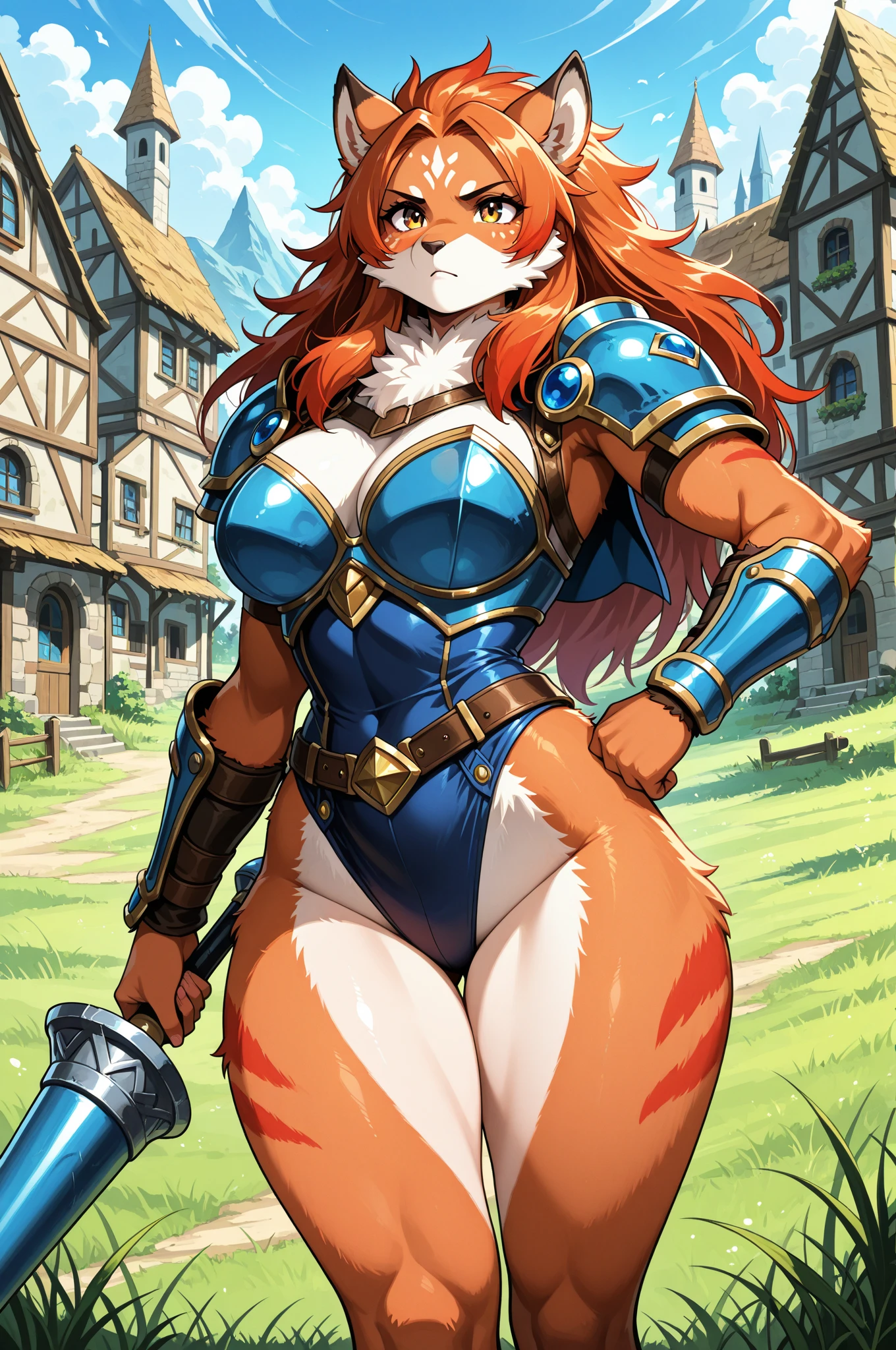 Award-winning photo of an overweight World of Warcraft druid girl, red panda, F-cup breasts, blue eyes, light leather armor, SFW, detailed, photorealistic, highly detailed fur, 8K rendering, on e621.net, furry art, short bear tail, short tail, stormwind
