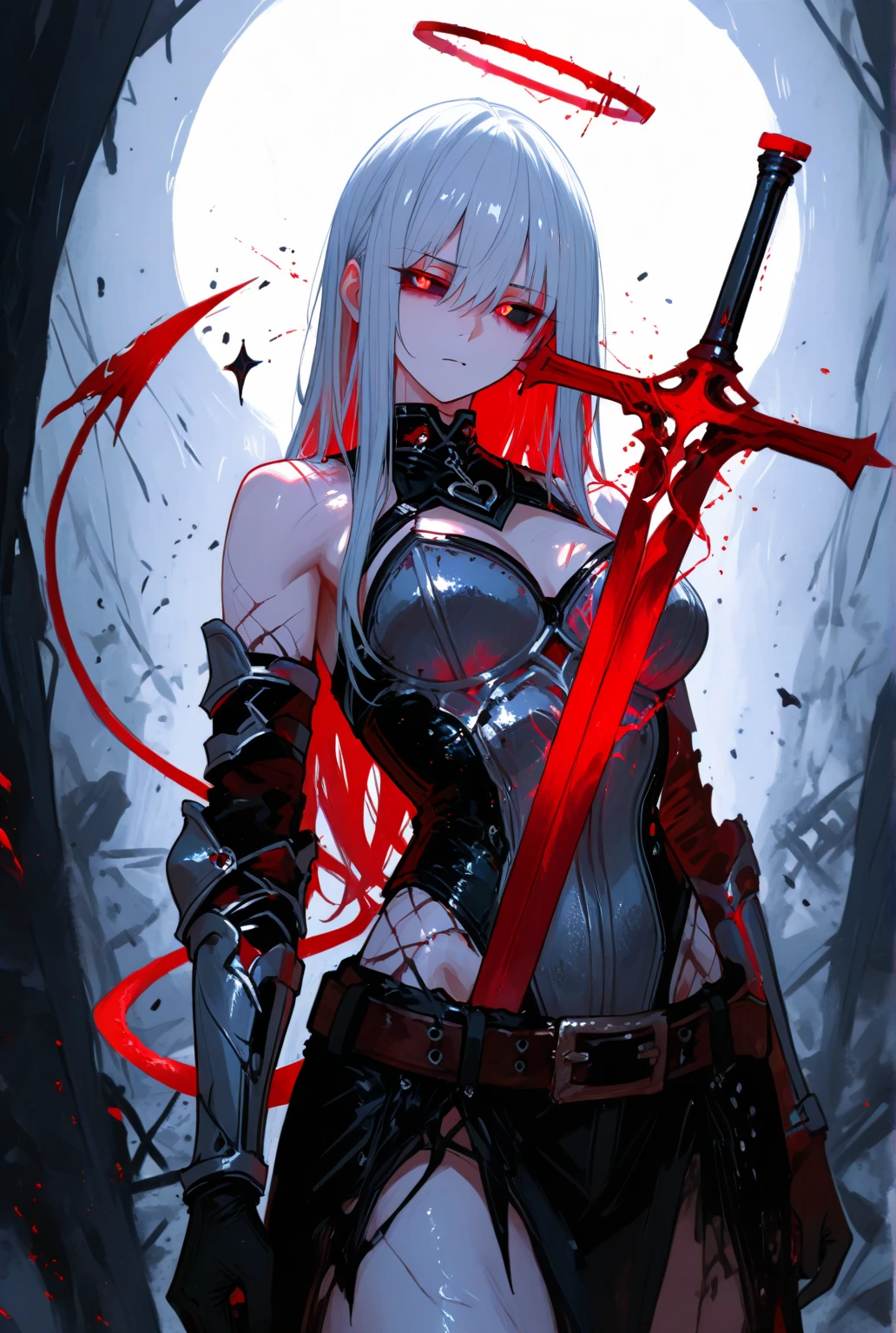 avenger,large breast,The chest area is exposed,Eye color is scarlet,garter,big Scythe,Catholic nun,Cross Necklace,hair over one eye,Knee socks,Hair color is golden,Devilish,Church Background, high Quality,best quality,Uninhabited