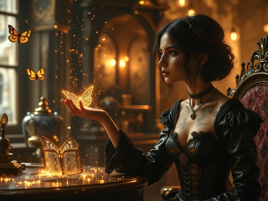 A steampunk fairy girl with butterfly wings, a robot cat, in a candle-lit room, steam punk style, intricate details, photorealistic, highly detailed, oil painting, warm lighting, cinematic composition, fantasy, moody, dramatic, rich colors, chiaroscuro lighting