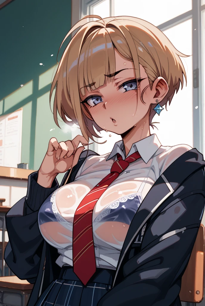 、(masterpiece、Highest quality)、Highest quality, Ultra-high resolution, (((masterpiece))), alone, Sweat、Big eyes, Composition from the front、Shortcuts、Embarrassed face、Blonde Hair、Cut your hair short、School classroom、Sailor suit、skirt、short hair、Browsing Caution、Upper body naked、Breasts exposed、Nipples、Large areola、Sitting in a chair without a backrest、Internal Medicine Examination、Woman showing her body、belly button、真Composition from the front、School Insurance Office、curtain、cubicle、window、door、Fluorescent lamp