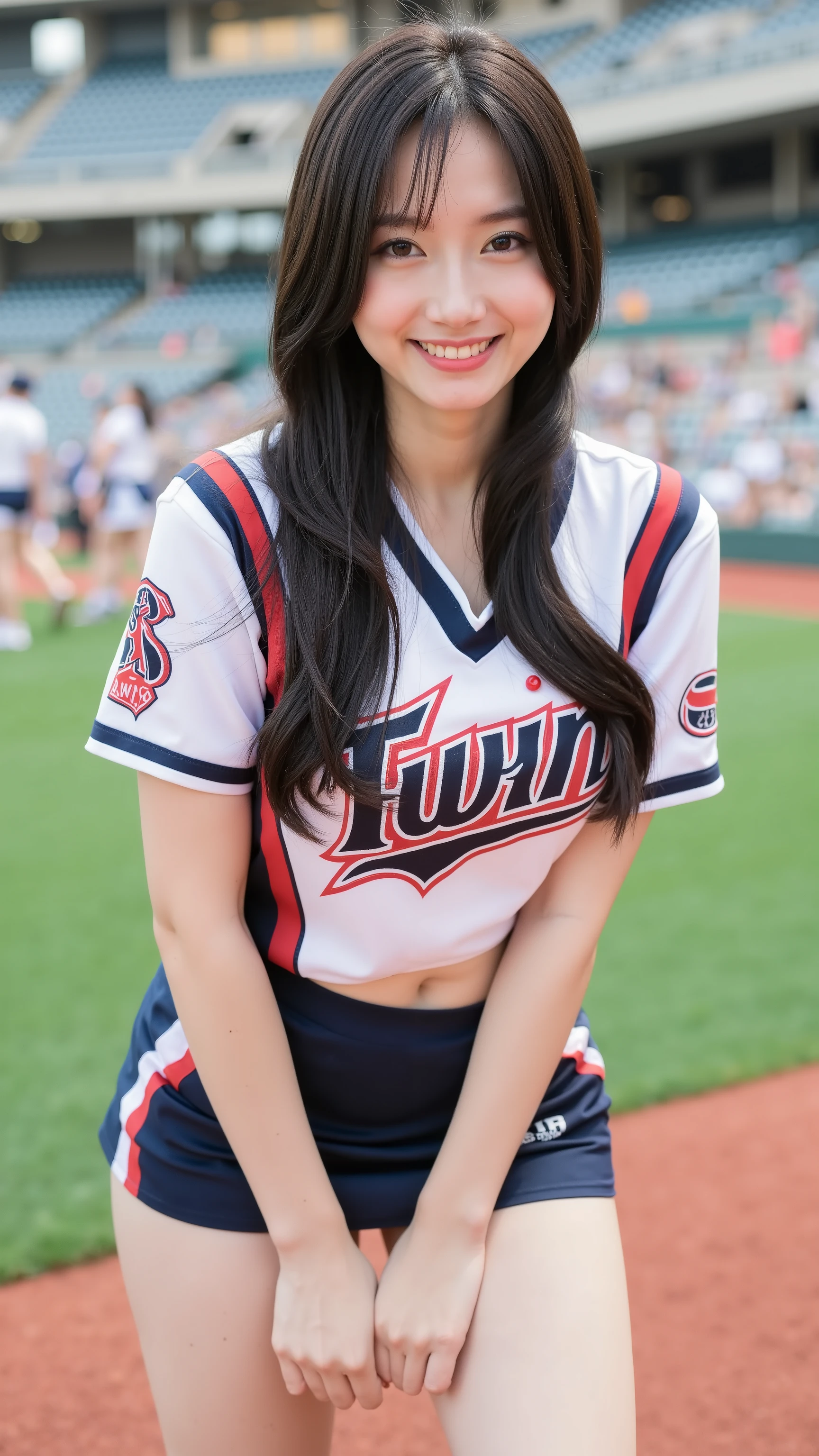 Big breasts ,Japanese Girl,Japanese woman in her early 20s, short skirt showing hips, tee that sticks to body, big boobs, cheerleader, baseball stadium , 경기장 관객석 앞에 서있는 cheerleader, TWIN logo on chest, white skin, long black hair,