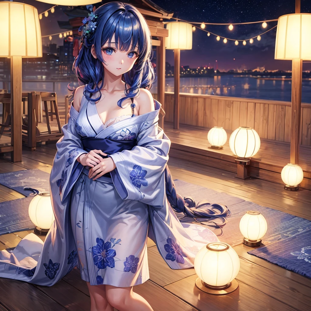 1girl、(((best quality)), ((masterpiece)), (details), masterpiece, best quality, high quality, ulutra detailed, perfect face, ((1girl, blue eyes, cat ears: 1.3 silver bob hair: 2.5,))、Shiny Hair、Glowing Skin、blush、yukata、Sandals、Small breastidsummer、Resort、whole body、firework