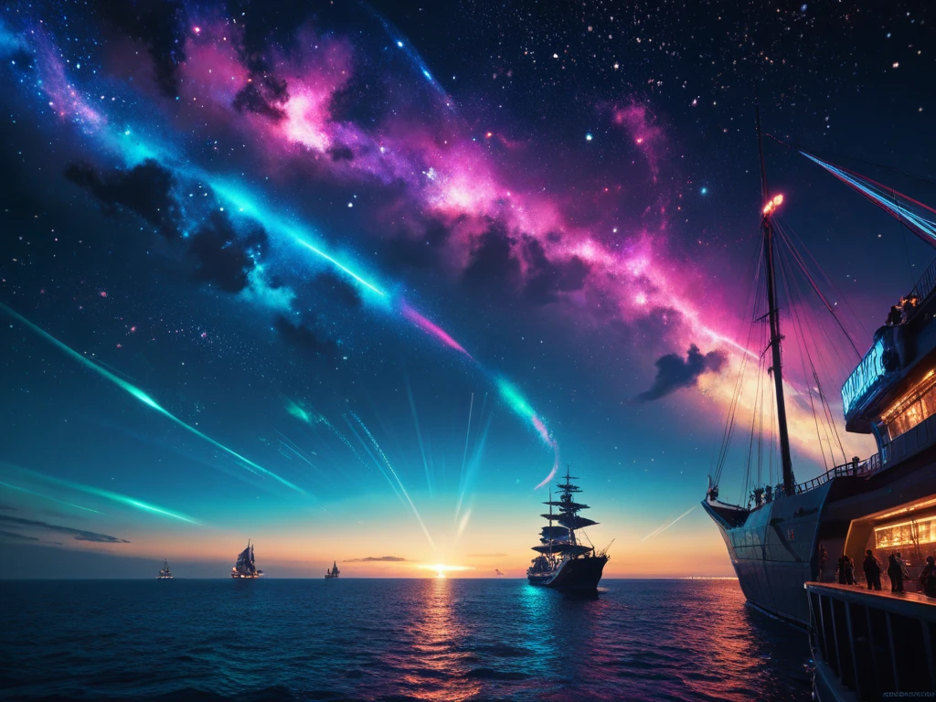 masterpiece, best quality, ship, flying, neon glow trails, starry sky, millions of stars, cosmic, sci-fi, futuristic, ultra detailed, 8k, high resolution, cinematic lighting, vibrant colors, digital art