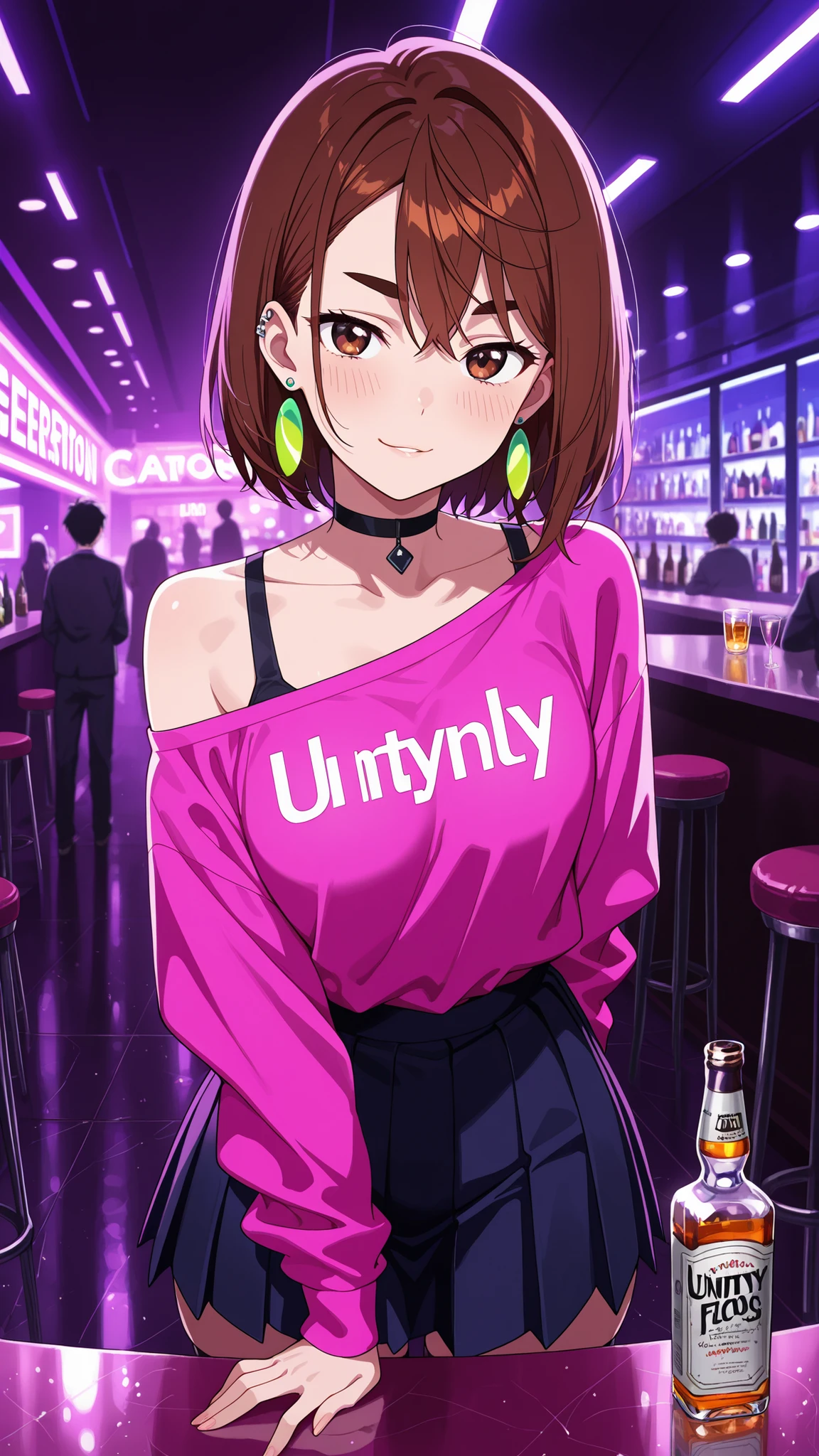 BREAK (masterpiece:1.2), best quality, high resolution, unity 8k wallpaper, (illustration:0.8),Luxurious modern bar interior at night, high-end design, glossy marble floors with reflections, neon lighting in purple and blue tones, glass and chrome surfaces, elegant bar stools, shelves with premium alcohol bottles glowing softly, ambient reflections on surfaces, cinematic atmosphere, ultra-detailed, realistic lighting, shallow depth of field, high-end nightlife vibe,blush,raised hips,seductive expression,f momo ayase, short hair, brown hair, brown eyes, bangs, thick eyebrows,skirt,pleated skirt,high socks,pink shirt,bare shoulder, black choker,earrings, green earrings,jawerly,piercing,front photo,looking at viewer,floating skirt,