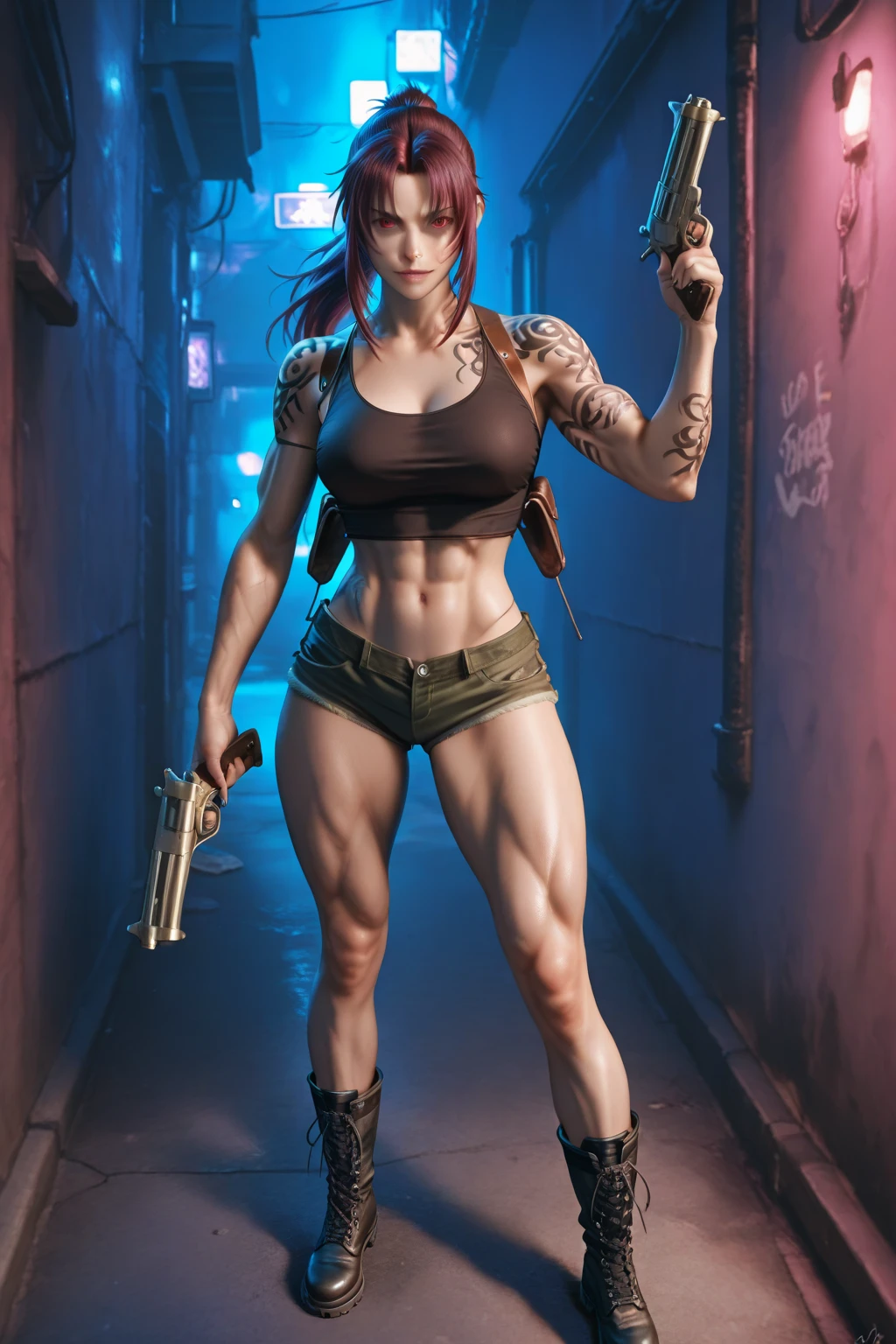 Woman with big breasts, Classic Bob Red Hair,serious look,muscled body,wearing a short tank top showing her belly, wearing gloves,gym shorts, holding a revolver,at a forest