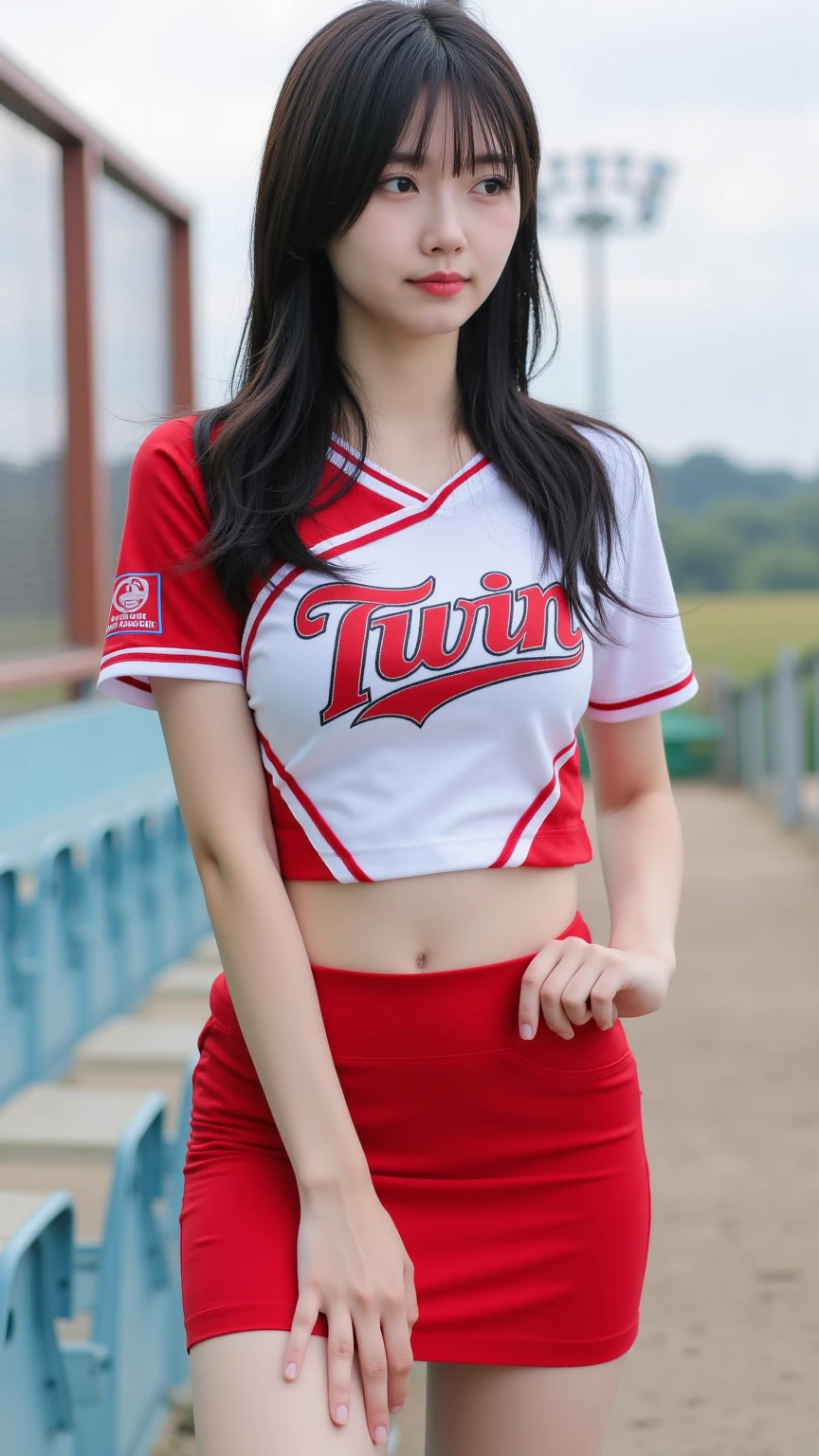 muste piece, best quality, illustration, Super detailed, fine details, High resolution, 8K,wall paper, perfect dynamic composition,(Details High quality, realistic depiction of eyes:1.3), Photo of Japanese actress in American baseball studium, ponytail, (wavy hair:1.2), night, dark, cheerleader, jumping, short skirt, huge breasts, sneaker, black hair color, Big Natural Color Lip, perfect body shape, bold sexy pose, crying a little、cold gaze, Harajuku style、20 year old girl、cute type、lolita、beautiful legs, full body photo、focus on crotch, hposing Gravure Idol