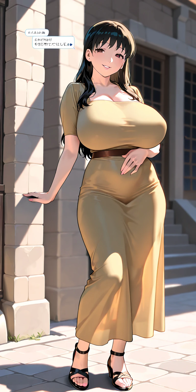 masterpiece, best quality, extremely detail 8k cg, high resolution, 1girl, pakura, green hair, orange eyes, beautiful eyes, slim body, huge breasts, bursting breasts, black tee shirt dress, sleeveless, cleavage, forhead protector, outdoors, garden, beautiful face, full shot photo, full body