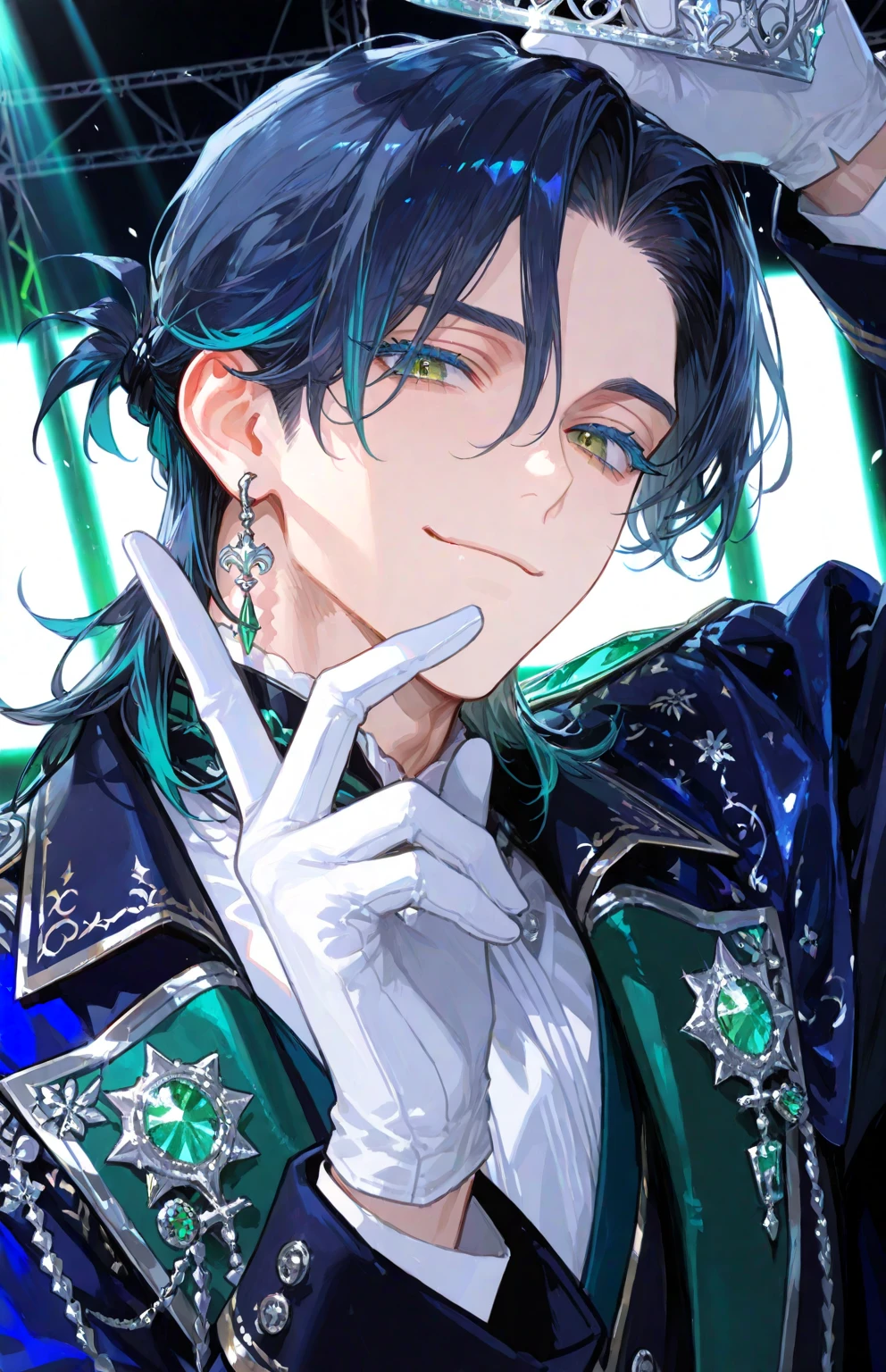 1 boy, handsome, faint smile, fair skin, semi close-up shot, one earring, decorated dark blue royal coat, silver accessories, white shirt, dark blue hair, mullet hairstyle, blue-green highlights, beautiful green eyes, long dark blue eyelashes, thick eyelashes, looking at viewer, holding three fingers up, white gloves, stage background, day time, idol vibe