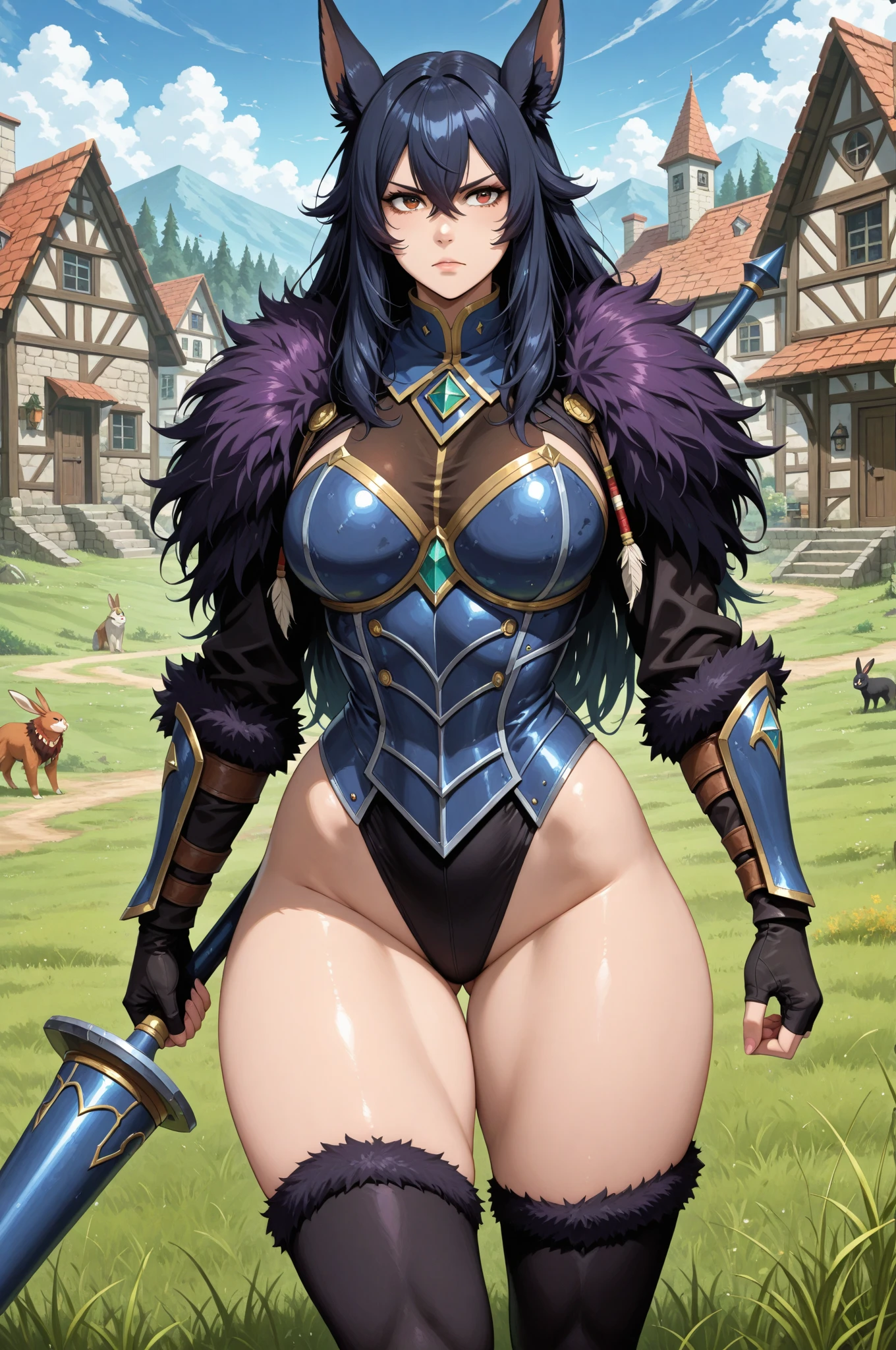 (masterpiece, best quality, high resolution, ((full body, standing,))((huge breasts)), , 1 beautiful woman, large fantasy armor shoulder pads, arm protectors, long boots, armor, fantasy breastplate, full body, you are in fantasy hands,
,full body