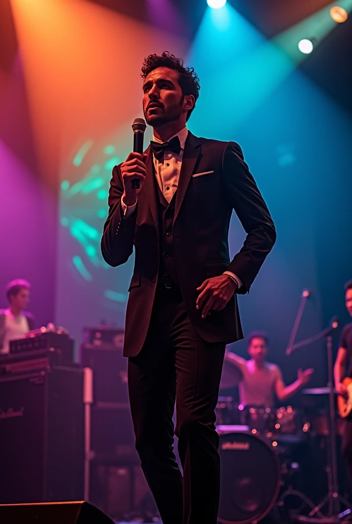 Man singing at a concert and several women dressed in sexy lingerie catching him.