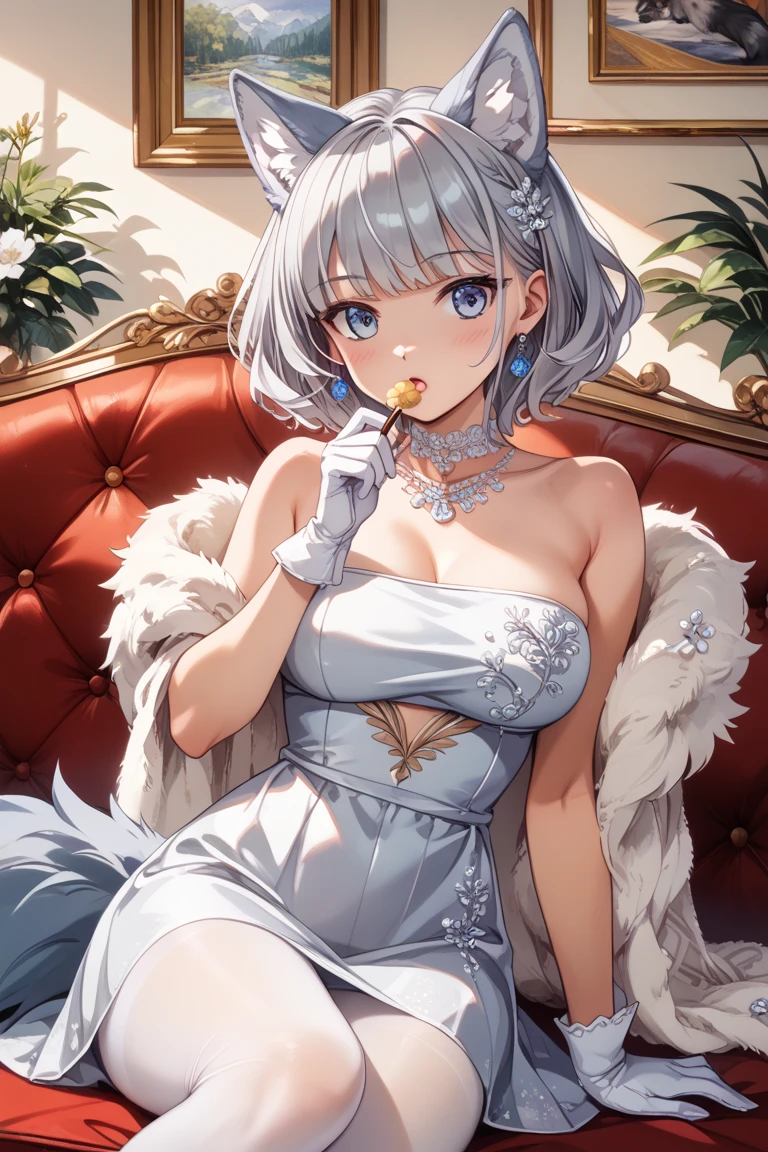 Azur Lane Kaga, 1 girl, masterpiece, best quality, KagaV4, 1girl, solo, breasts, looking at viewer, smile, short hair, bangs, blue eyes, large breasts, simple background, white background, dress, holding, animal ears, cleavage, bare shoulders, jewelry, sitting, closed mouth, tail, full body, white hair, sleeveless, high heels, cup, animal ear fluff, fox ears, makeup, blue dress, fox tail, fox girl, multiple tails, 9 tails, 9 fox tails, 9 white fox tails, holding cup, drinking glass, eyeliner, invisible chair, kitsune, kyuubi, champagne flute, gold footwear, characters from azur lane,