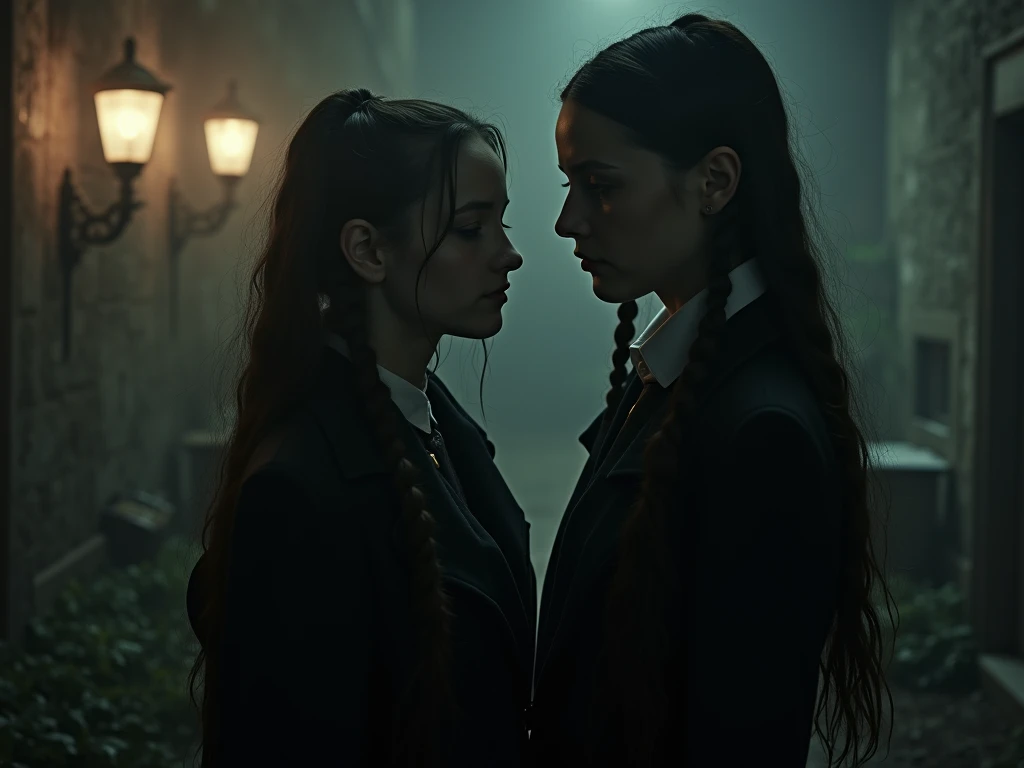 Draco Malfoy hugging a Slytherin girl with long wavy black hair