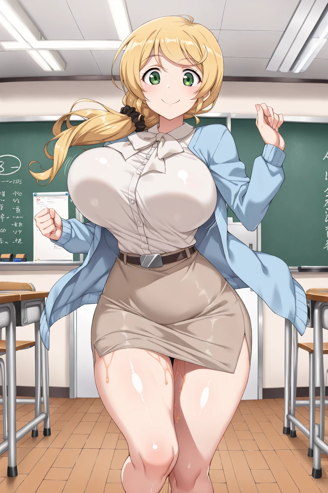 ((highreasterpiece, high quality, best quality, beautiful, perfect lighting, detailed face, ultra cute face, ((1girl)), ((solo), long blonde hair, ponytail, blue eyes, glasses, (blush), shy, looking at viewer, holding an open book, standing in a classroom, (classroom), daytime, dress shirt, pencil skirt, thigh highs, wide hips, (thick thighedium breasts, perky breasts, 24 year old female,