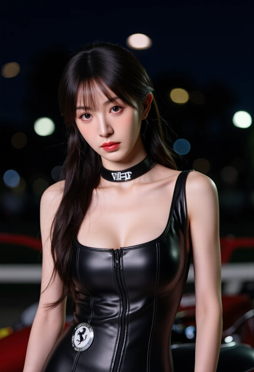 (highest quality),masterpiece,Super detailed,8K, UHD,Beautiful woman,japanese woman,No expression,whole body,((tattoo)),slim,black slacks,white tank top,(female mafia),gangster,(cyberpunk city),night,cinematic lightening,underworld