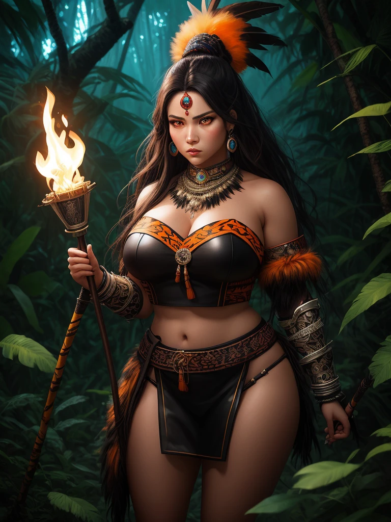 RAW Photo of shamanic woman in a cyberpunk forest with neon lights mist and fog in the atmosphere shamanic tents with shamans playing drums and flutes and digididoo C7b3rp0nkStyle woman, cyberpunk style, photorealistic, (Masterpiece:1.3) (best quality:1.2) (high quality:1.1) --auto --s2