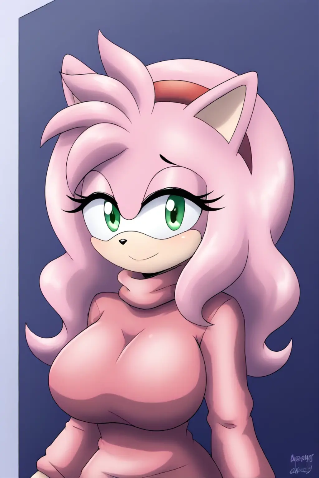 Female Hedgehog, Amy Rose, (1girl), (solo), hair down, long wavy hair/quills, large breasts, eyelashes, cute smile, cafe, cropped sweater, daytime, mobian, mobius city
