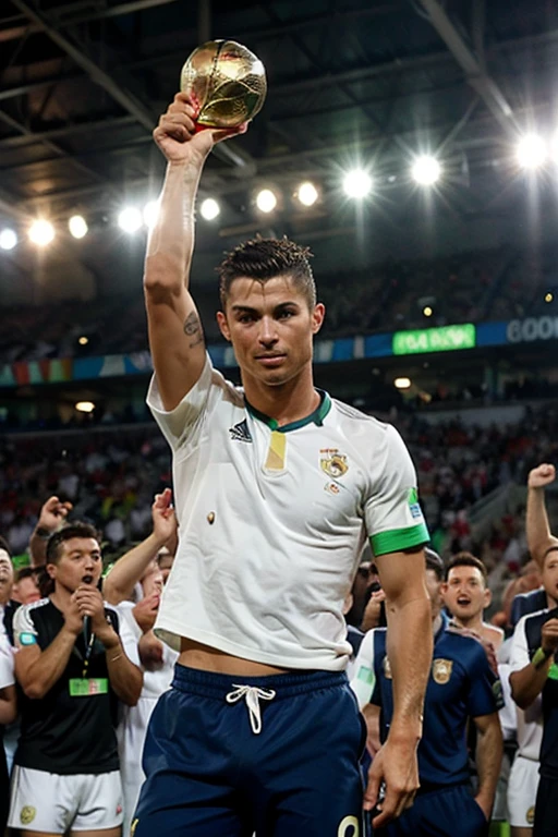 "Cristiano Ronaldo, The legendary football player Portuguese, is in his characteristic pose, demonstrating his determination and confidence on the pitch. Ele usa a camisa de sua equipe atual, with the number 7 emblazoned on the back, symbol of his brilliant career.
With his athletic posture and sculpted physique, Ronaldo se destaca entre os demais jogadores. Her black hair is carefully combed, and his focused eye reveals his tireless dedication to achieving excellence.
The ball is at Cristiano's feet, And he looks like he's about to make a deft dribble or a potent shot toward goal. Your right foot, known for its precision and power, is slightly tilted over the ball, while the left foot is strategically positioned to give you stability and agility.
Ao fundo, The stadium is vibrating with the energy of the fans. Bandeiras tremulam em apoio ao craque, and the sound of the chants echoes throughout the room, showing the affection and admiration of the fans.
The perfect lighting highlights Cristiano Ronaldo's muscles and casts his shadow on the pitch, further enhancing his striking presence on the field.
Esta imagem captura a intensidade do futebol de classe mundial, a habilidade excepcional de Cristiano Ronaldo e o poder inspirador que ele transmite sempre que entra em campo."