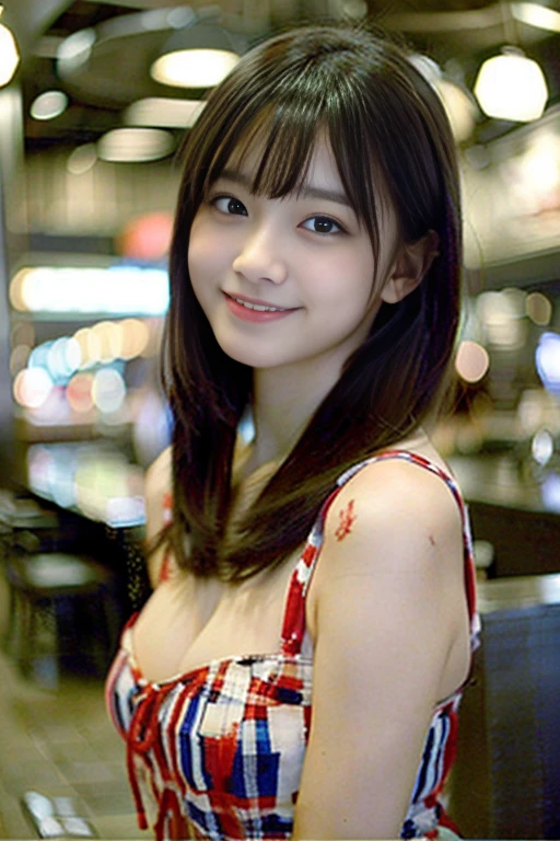 A very cute face like an idol、Looks like a young face、20-year-old female、Gentle and cute、A kind smile、Cleavage、one piece、Stylish bar counter、cheers、whole body、RAW Photos、Genuine、Artistic、Real Stick、High resolution、Genuine Life、No copyright notice