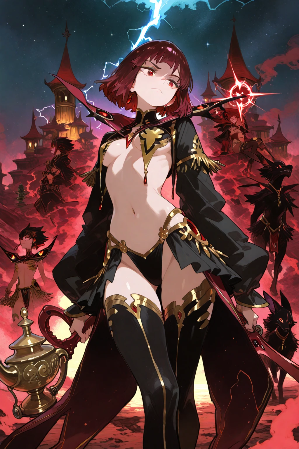 (8k, best quality, masterpiece:1.2),\(Eye details\),\(Facial features details\),(\(Clothes details details\)\),(1 girl:1.3),solo,full body,36 years old,(Golden tea hair:1.2),gold pupil,gold eyes,(Left bangs covering eyes:1.25),Single braid,((the braid in the breasts clevage)),huge ,large breasts,(Dark wizard robes:1.3),(upperboob:1.2).(Holding a staff),[Magical and complex gaming equipment｜Set with rubies]Magic Staff,发光的Magic Staff.Ruins Background,(Ruined marble wall)+(Wall with lvy:1.3),Crows circling in the sky，The air is stagnant，Big cloudy day，[Brownish red fur｜Thick fur]Giant demon wolf,The wolf climbs the wall