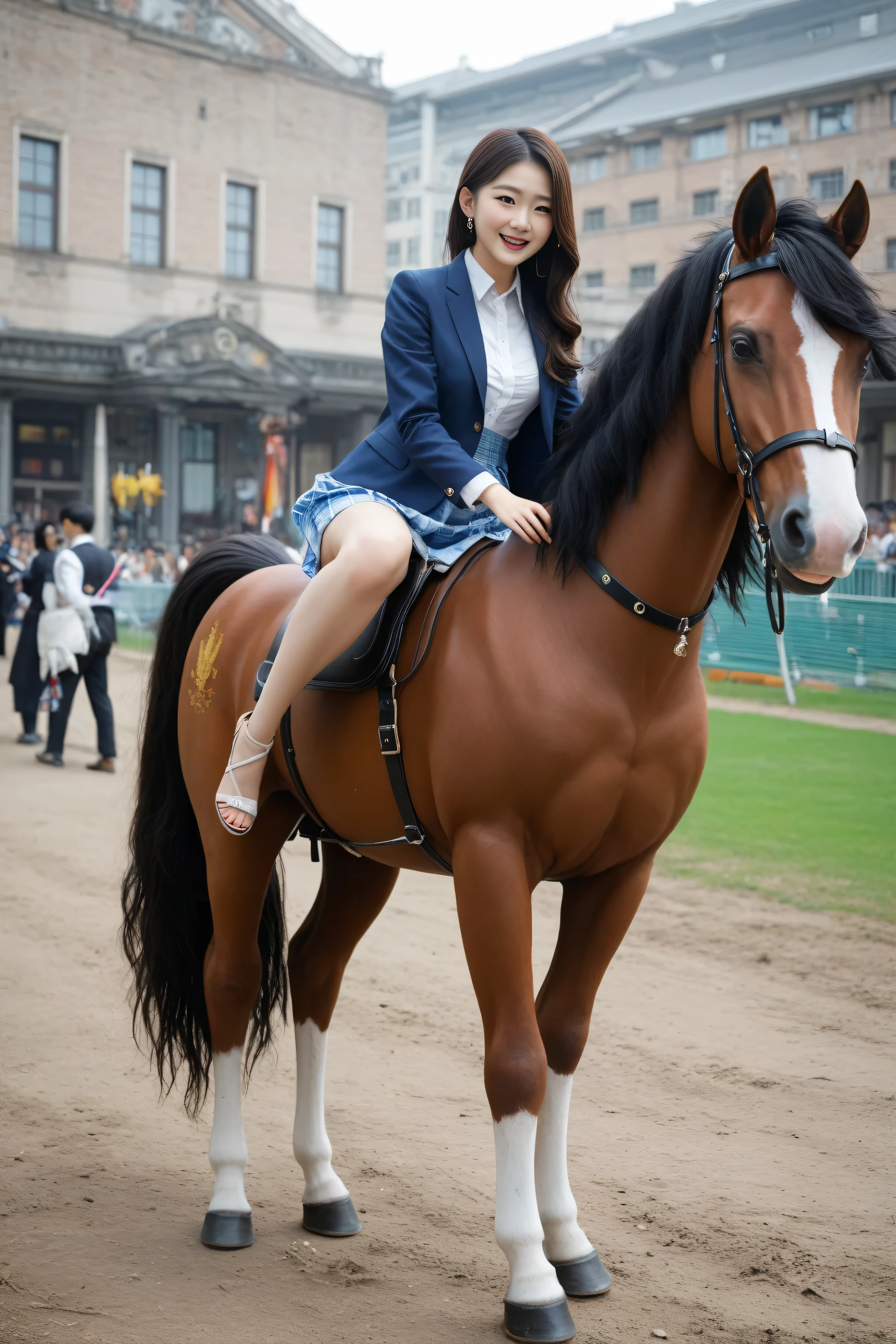 korean kpop idol girl, riding on a horse, { score_9, ((masterpiece, best quality, absurd resolution)) }, 