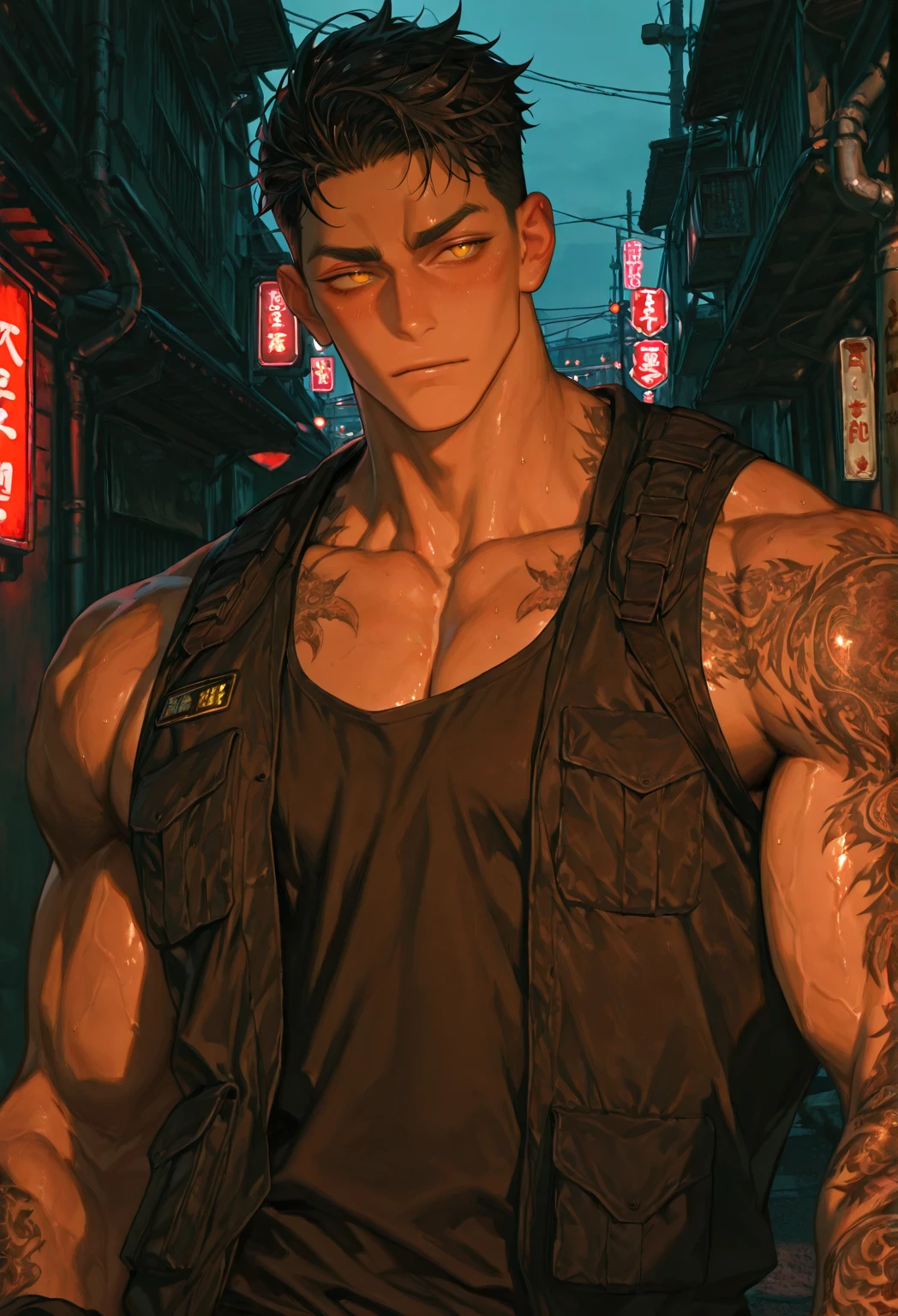 top-quality、Top image quality、masterpiece、male people((25-years old、 well-muscled、Black short-sleeved T-shirt、Long black trousers、A dark-haired、Scars on the face、macho、Tattoo on the shoulder、、2From guns、bulletproof vest、Holding a Japan sword))hiquality、Beautiful Art、Background with((Tattered city、battle field))、masutepiece、Elaborate design、visualart