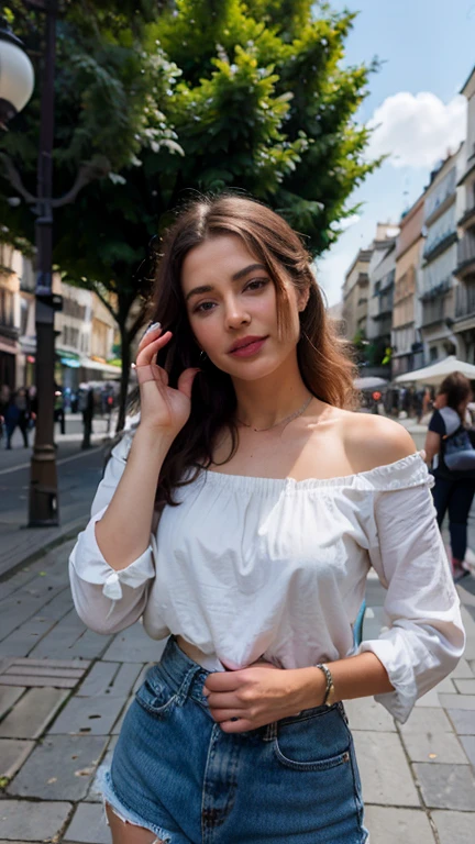 Half-length glamour portrait, nikon D850, f1.6 lens, 200mm, DSLR, 22 Megapixels, (((Colorful alley in the old town scene))), shot of a stunning 20 years old portuguese girl, (smile:1.4), (wearing Oversized denim jacket with tweed skirt and shirt:1.6), ((seductive pose)), hot girl, (((big natural breasts))), (((brown ponytail hair))), (small girl), symmetrical face, photorealistic, photography, (bright natural lighting), gorgeous, deep cleavage, (masterpiece), best quality, high resolution, extremely detailed, cinematic lighting, (((very narrow waist))), rich colors, hyper realistic, lifelike texture, ((jewelry)), (((She has beautiful hands and wears rings))), (bracelet), (necklace), (ankle chain), (nail polish) (earrings), Fuji Superia 200, 8k
