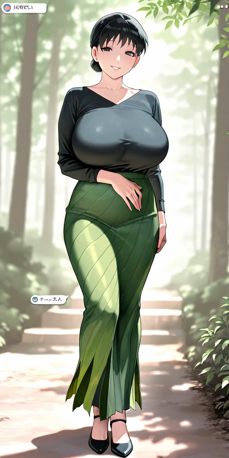 Green hair,gigantic breasts,Plump thighs,Full body like,Green slingshot swimsuit,green pantyhose,no shoes,With his back to the camera,weeping,Heavy rainy days,forest
