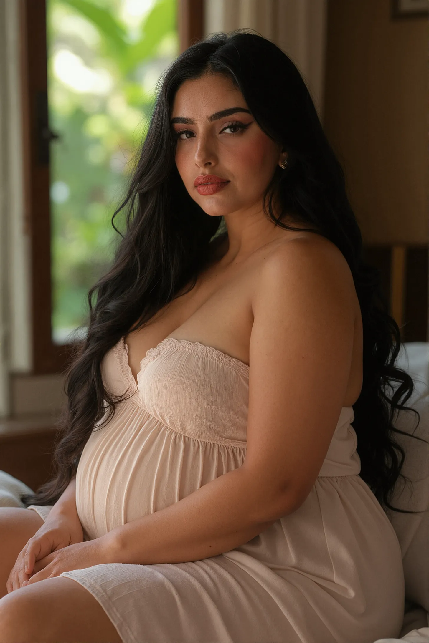 busty brunette with flat medium length hair, jewelry, full body, black choker necklace, large size breasts, big ass, Perfect Slim body, no clothes, no bikini, no underwear, no pubic hair, jewelry, large gold hoop earrings, Full body, pregnant, squatting, legs spread open, lots of white cum dripping from breasts, breast milk, lots of white cum spraying from breasts, breast milk, lots of white cum dripping from genitals, large dildo inserted in vagina, leaning back, hands behind back,