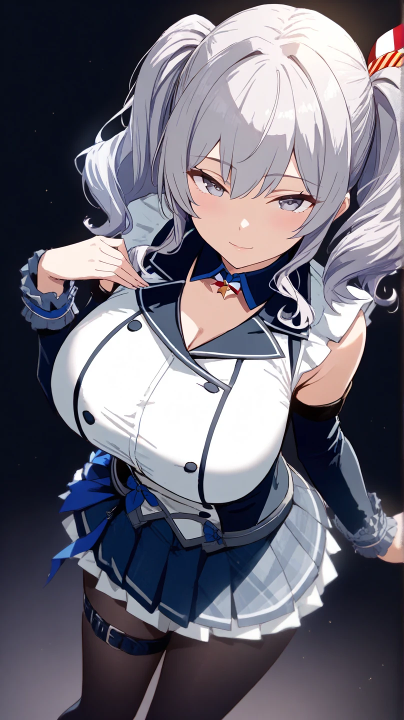 Silver wolf, honkai star rail, 1girl, solo, purple glasses on head, sailor uniform, crop top, show stomach, black thighhighs, breasts, cleavage, simple background, outdoor, pleated skirt, hair between eyes, large breasts, long hair, looking at viewer, silver hair, solo, thighhighs, thighs, long hair, pony tail hair, ((masterpiece)), standing, belly button piercing, ear piercing, sexy pose, blush, shy, smile, show teeth, white background, detailed hand, beautifull finger,