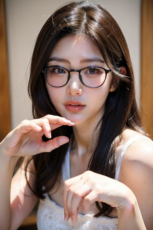 1girl,big breast, black hair, brown eyes,high quality, ultra detailed, masterpiece, realistic, white jacket , sleep, glasses 