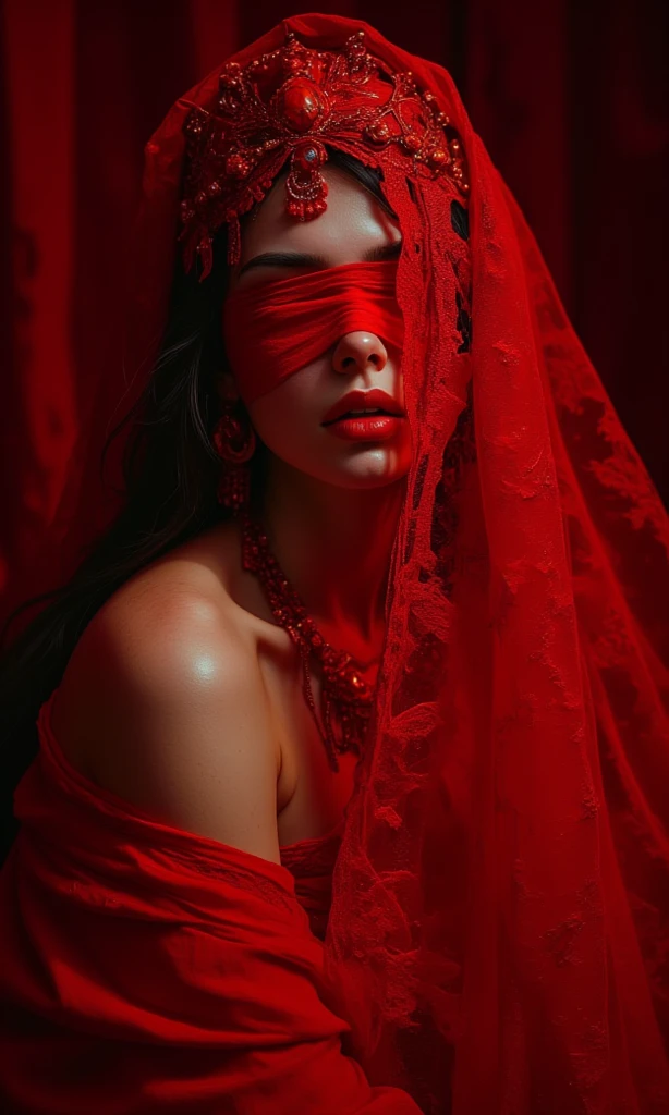 Aesthetic girl bllindfolded duct taped gagged over mouth  in red shimmering saree taking a selfie 