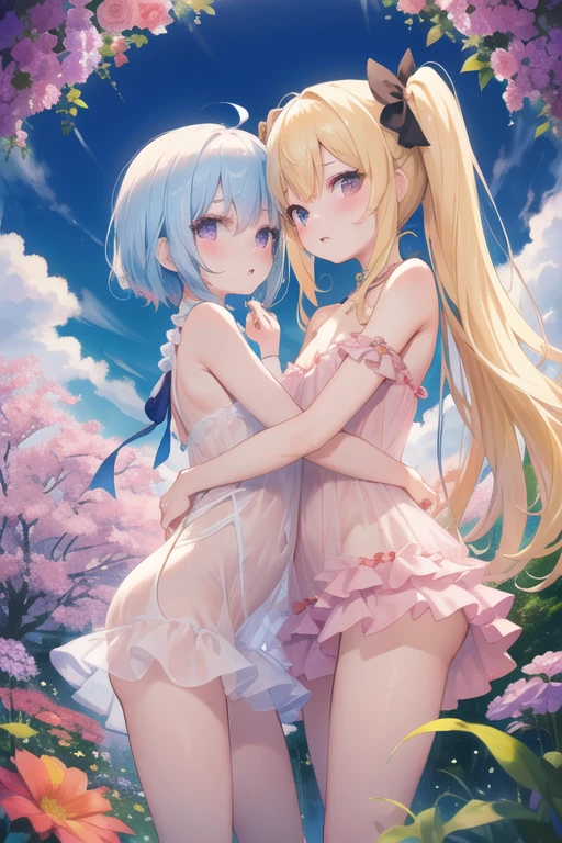 (8k, Highest quality, masterpiece:1.2),cute,cute女の子たち,Couple girls,2 people,Young Face,ディープkissをする,mesugaki,Fantasy_world,kiss,On the grassland,Lie,Lingerie that shows skin,Interact'Breasts through lingerie,Beautiful thighs,Gentle caress,Heavy breathing,white liquid splattered on face,Starry Sky,night,White liquid dripping from thighs