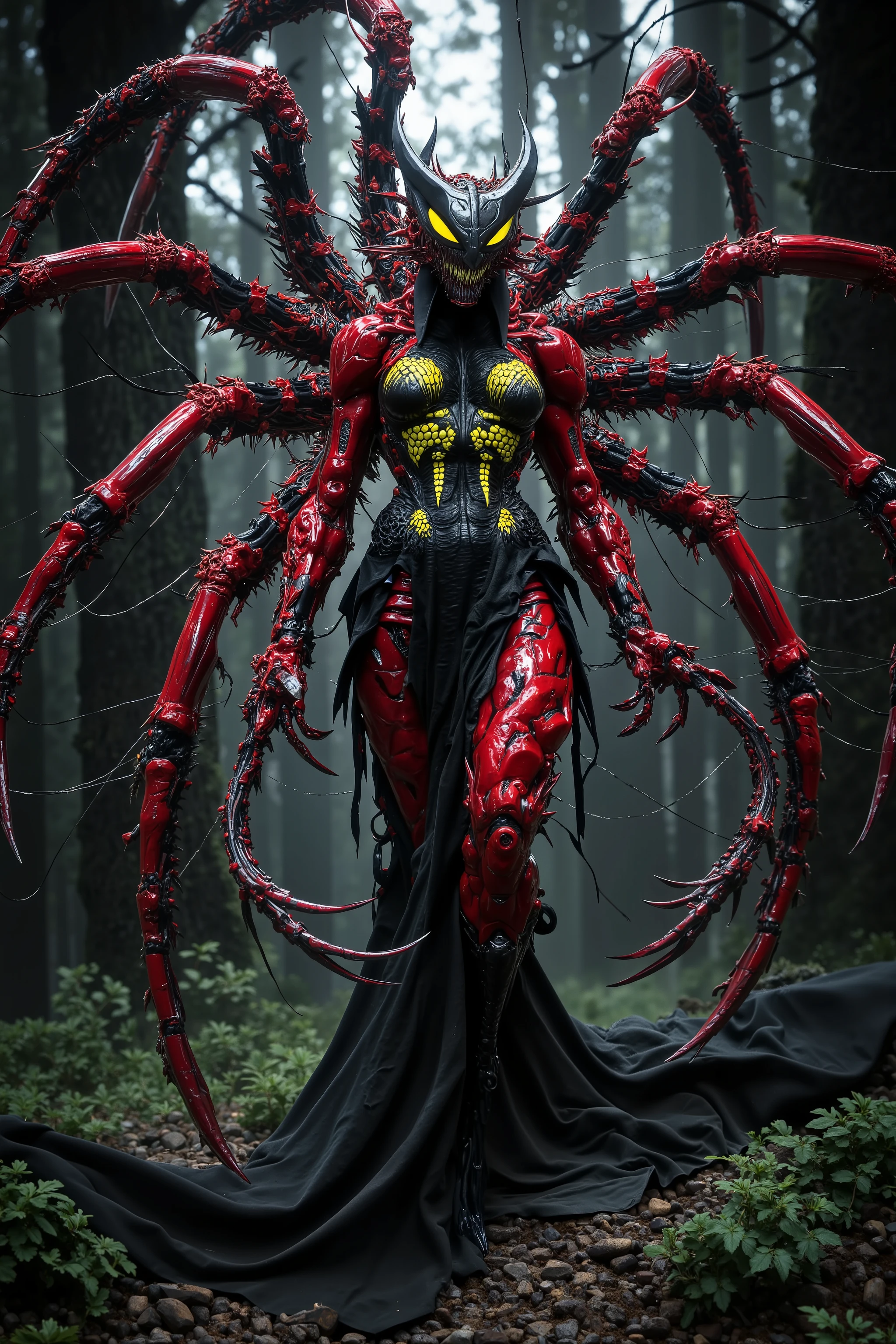 A spider woman (furry horror) (sexy, anthropomorphic spider woman red with yellow stripes on black chitin) she is extremely sexy and inviting (8 arms ending in razor talons, large dark eyes, murder mouth), behind her is a near unseen web with many cocooned struggling humanoid victims. Haunted woods