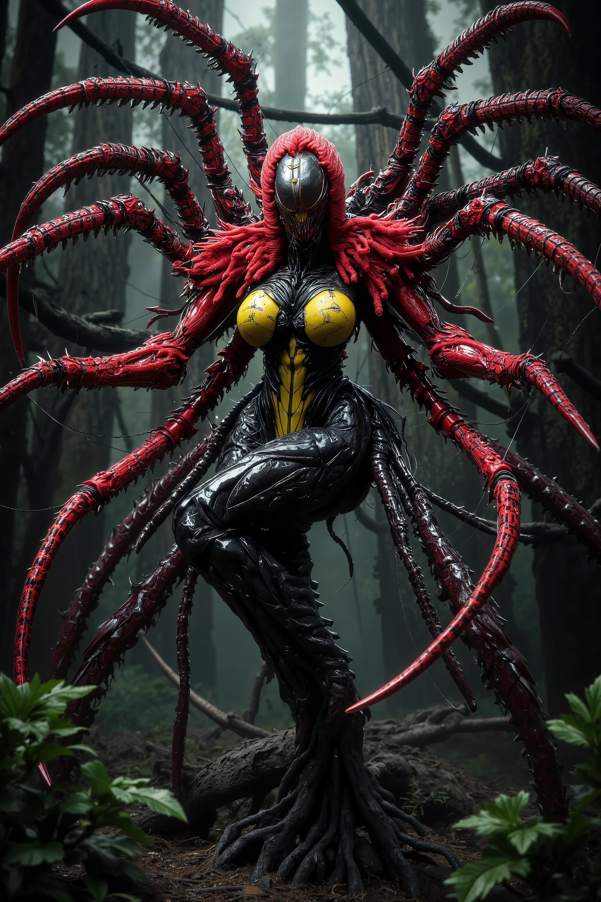 A spider woman (furry horror) (sexy, anthropomorphic spider woman red with yellow stripes on black chitin) she is extremely sexy and inviting (8 arms ending in razor talons, large dark eyes, murder mouth), behind her is a near unseen web with many cocooned struggling humanoid victims. Haunted woods
