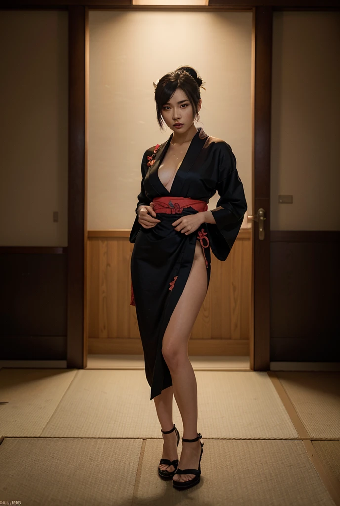 Beautiful woman, posing seductively at a party, kimono uniform, sexy, sexy thick thighs