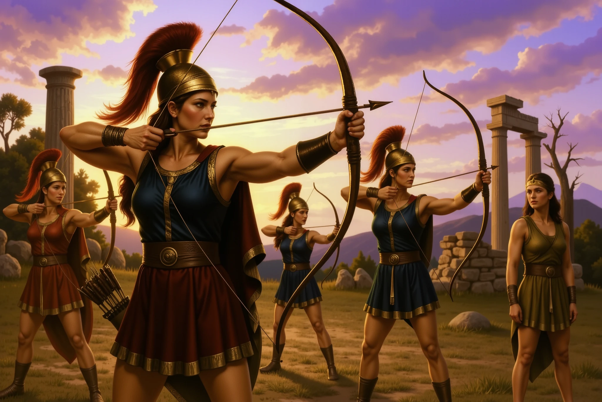 A group of Greek Amazons stand in a training camp at sunset. They wear Ancient Greek-inspired attire: short tunics in shades of red, blue and gold, adorned with leather and metal details. They stand in a shooting stance, pulling back classic wooden bows with concentrated expressions. In the background, half-destroyed Greek columns, gnarled trees and rocky hills reinforce the mythical atmosphere. The sky is warm orange and purple, with golden rays illuminating their silhouettes in action.