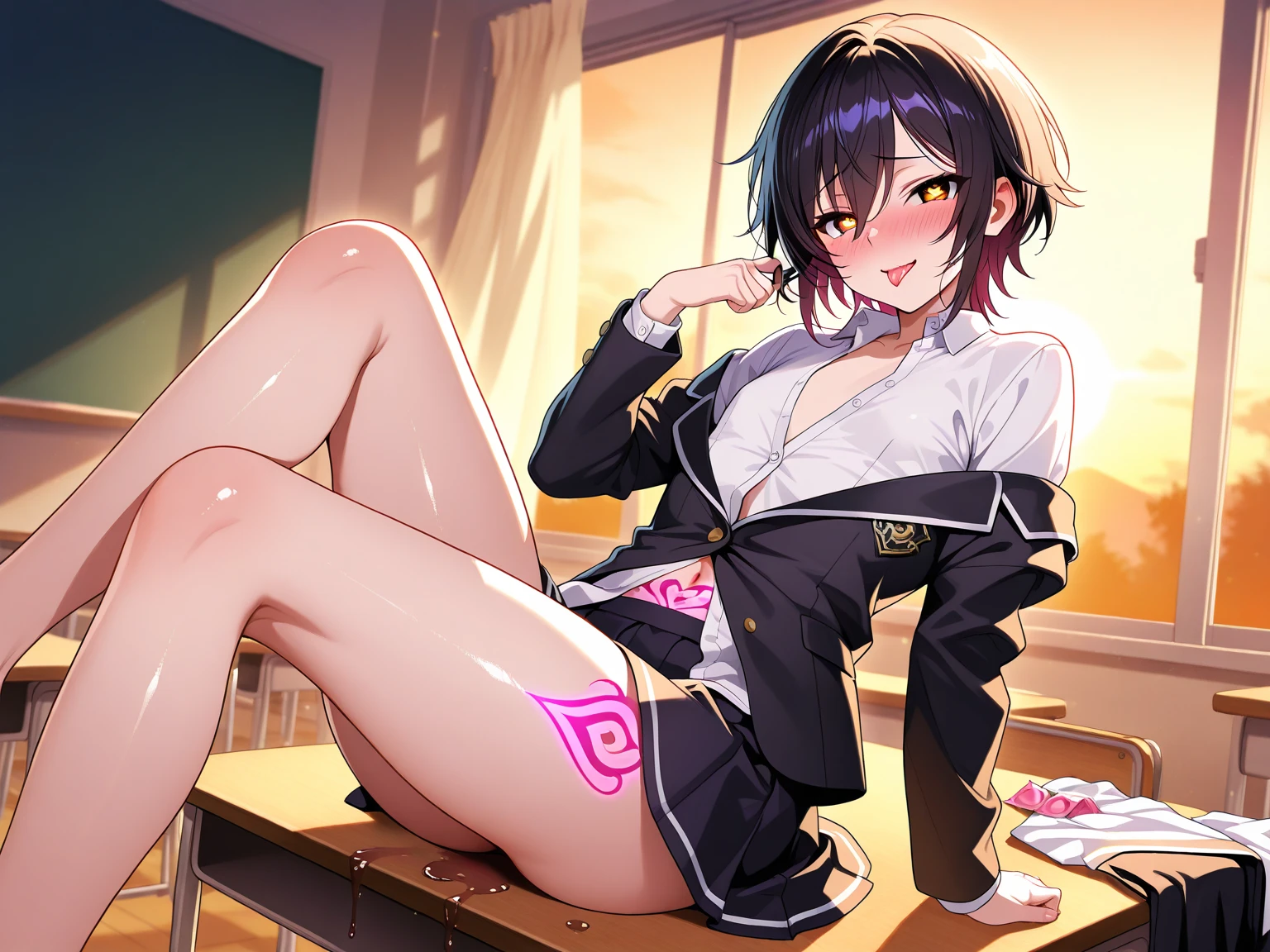 (((Spread your legs、Shooting from below))、(((Accentuate the crotch、Shiny underwear)))、Highest quality, 8k, masterpiece :1.3)), whole body, Sharp focus :One Girl,Glowing Skin,SSexy pose,Highest quality,Tabletop,shape,Very delicate and beautiful,Hmph,8k壁紙,wonderful,In detail,Official Art,Very detailedなティッカーUnity 8k壁紙,Unbelievably ridiculous,Large file size,Very detailedな,High resolution,Very detailed,Beautiful detailed,Realistic,X-ray,The queue is full,(((Uniform Blazer、mini skirt)))、(((Big Breasts、Black Hair)))、(((School、classroom、Wearing tights)))、Stand upright、Cleavage , ((Black Hair))、Uniform Blazer、Sexy pose、Hairstyle: Short Hair、both hands、Wearing tights