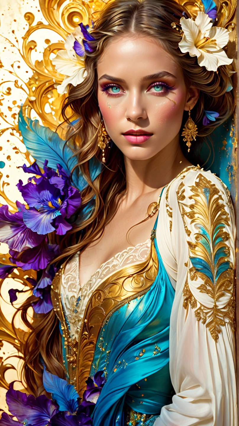 Digital art, Film quality, portrait, realistic art, Digital illustration, Vibrant colors, watercolor, oil paints, alcohol inks, combining the artistic styles of José Royo, David Hamilton, Karol Bak's, Jim Lee, Frank Miller, Luis Royo, watercolor illustration of the silhouette of an elegant Spanish woman, sketch gracefully showing feminine beauty, flowing hair, highlights on the face, earring and necklace, a flower in the hair. captures the ethereal beauty of her outfit, soft washes of watercolor blending seamlessly to represent the fluid fabric and intricate details. The sketch pose exudes a natural elegance. hyperdetailed, trends in artstation, sharp focus, studio photo, intricate details, highly detailed, by greg rutkowski, pastel photo, digital art, perfect composition, beautiful intricate details insanely detailed octane rendering trends in artstation, art photography by 8k, photorealistic concept art, soft natural volumetric cinematic perfect light, chiaroscuro, award-winning photography, masterpiece, oil on canvas, raphael, caravaggio, greg rutkowski, beeple, beksinski.