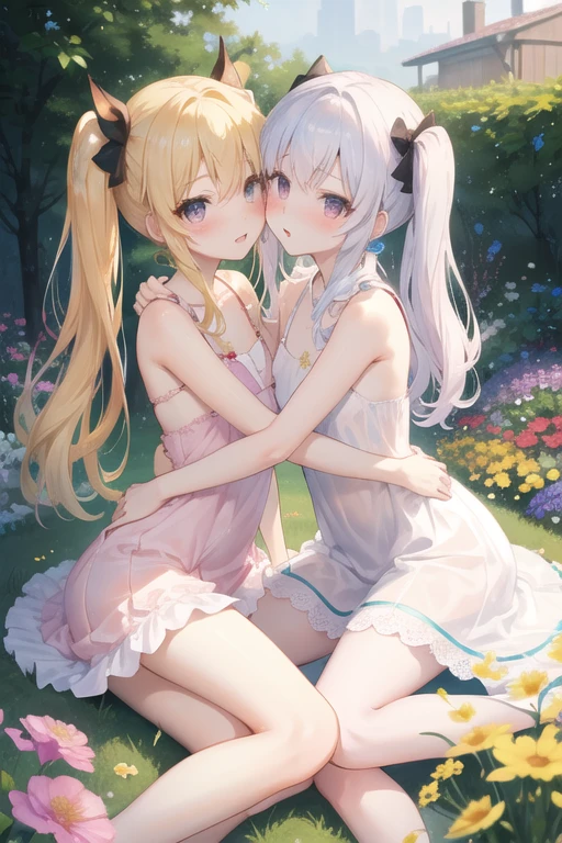 masterpiece, Highest quality, 複数people, ２people:1.3, ２peopleの女の子, Holding hands, Small breasts, Small cleavage, Long Hair, Fluffy dresses, Young Girl, skirt, フレアskirt, smile, Anime Fantasy, Twin tails, Flowing white hair, Fantasy Anime,Fluffy bunny ears:1.5. Ethereal Anime, Beautiful anime art, Beautiful digital art, Anime Fantasyアートワーク, grassland, Flower arch, seat, Otome sitting, Sitting, Looking back, Watching the audience,Bunny tail, Holding hands, Plump thighs