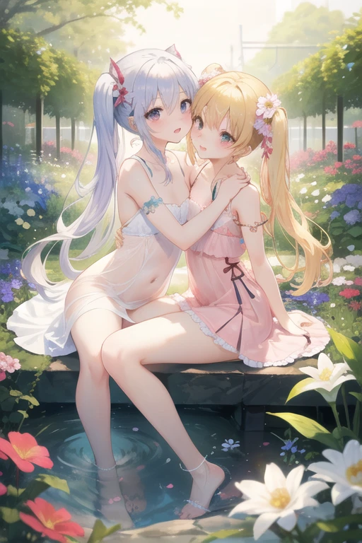 kiss、couple、Lovers、romance、overflowing、Full body painting、exposed chest、Sheer lace underwear、Underwear to take off、nipple、nippleが透ける、ピンクnipple、pink areola、clitoris、between strands、coupleポーズ, attractive pose, kissing together cutely, passionate pose, 素敵なcouple, 1 male,(blonde hair, gold eyes、expensive、190 cm、manly、Handsome guy、beautiful shape、best style、Beautiful prince,strong body、sexy costume、expensive、Wet gowns、open chest、naked)、1 female(pink hair,straight long hair、pink eyes、cute big eyes,優しいlaughter、flowers in hair、petite、huge tit、best style、perfect style、rise)、Put your arms around your waist、hug、Grabbing the waist、araffe woman in a white lingerie posing for a picture, lingeries beauty, wearing sexy lingerie, , translucent dress, translucent body, iridescent shiny sheer lingerie, sexy dress, wavy lingeries, smooth clear white skin, lingerie, beautiful sexy woman photo, sexy style, Lovely lady, Transparent Dress, V-chest open clothes, young graceful、squirt、splash water、Izumi, sunny day, 明るいsunny day、bright sunny summer day,blue sky、shine、about、shine湖、clear water、Bright sunshine、colorful flowers、surrounded by flowers、close contact、laughter、slight smile、gentle eyes、big ceiling with chandelier, marble、Large public bath、 inside the palace,  Gorgeous, beautiful high resolution, Exquisitely gorgeous、squirt、splash water、shine、about、Luminous water、clear water、水に浮かぶcolorful flowers、surrounded by flowers