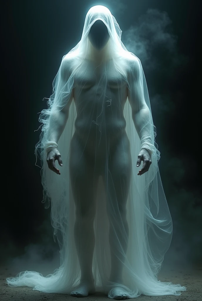 A ghost on a sheet with a very slight muscle silhouette